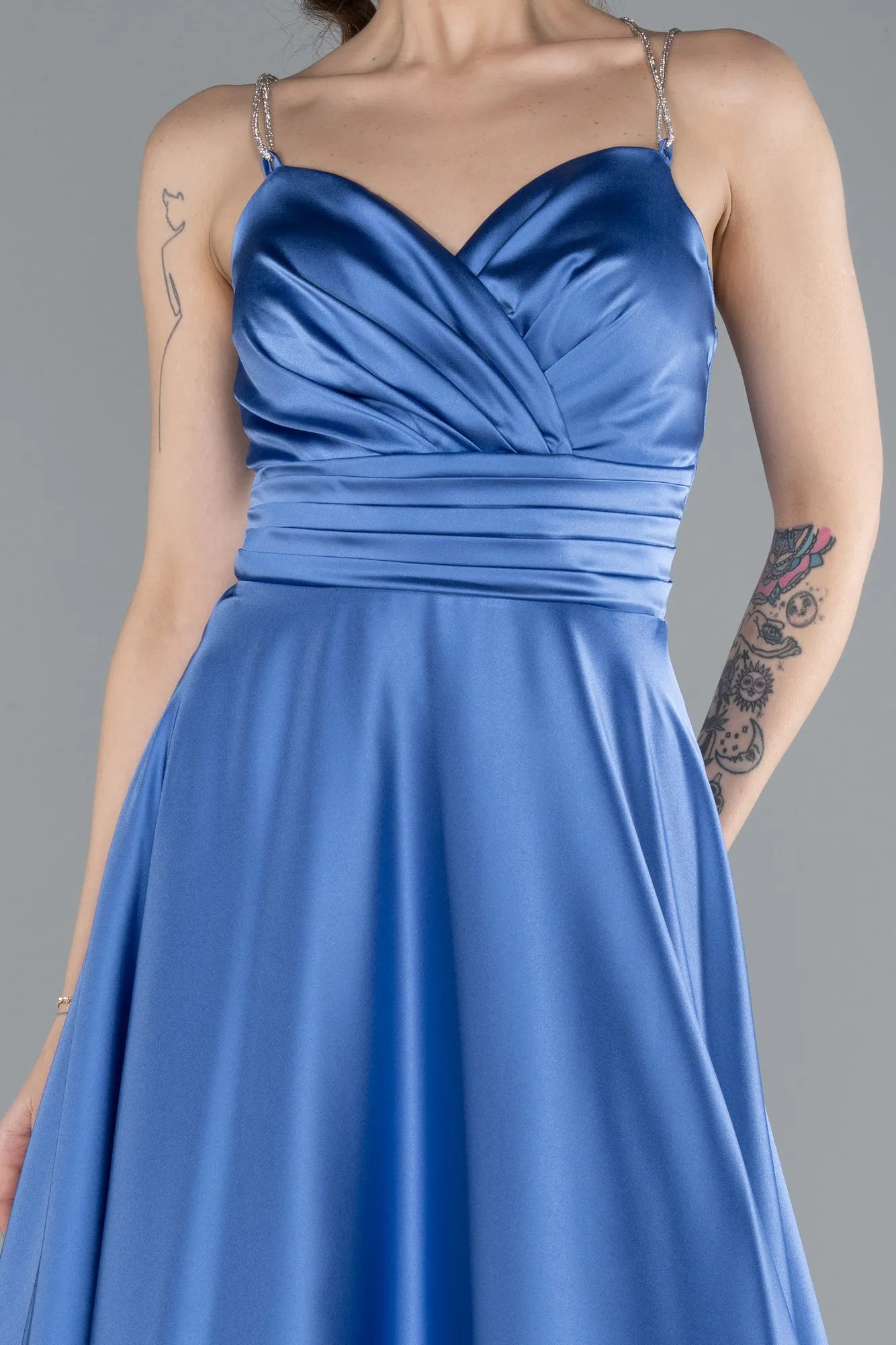 Indigo-Low Cut Back Long Satin Prom Dress ABU4702