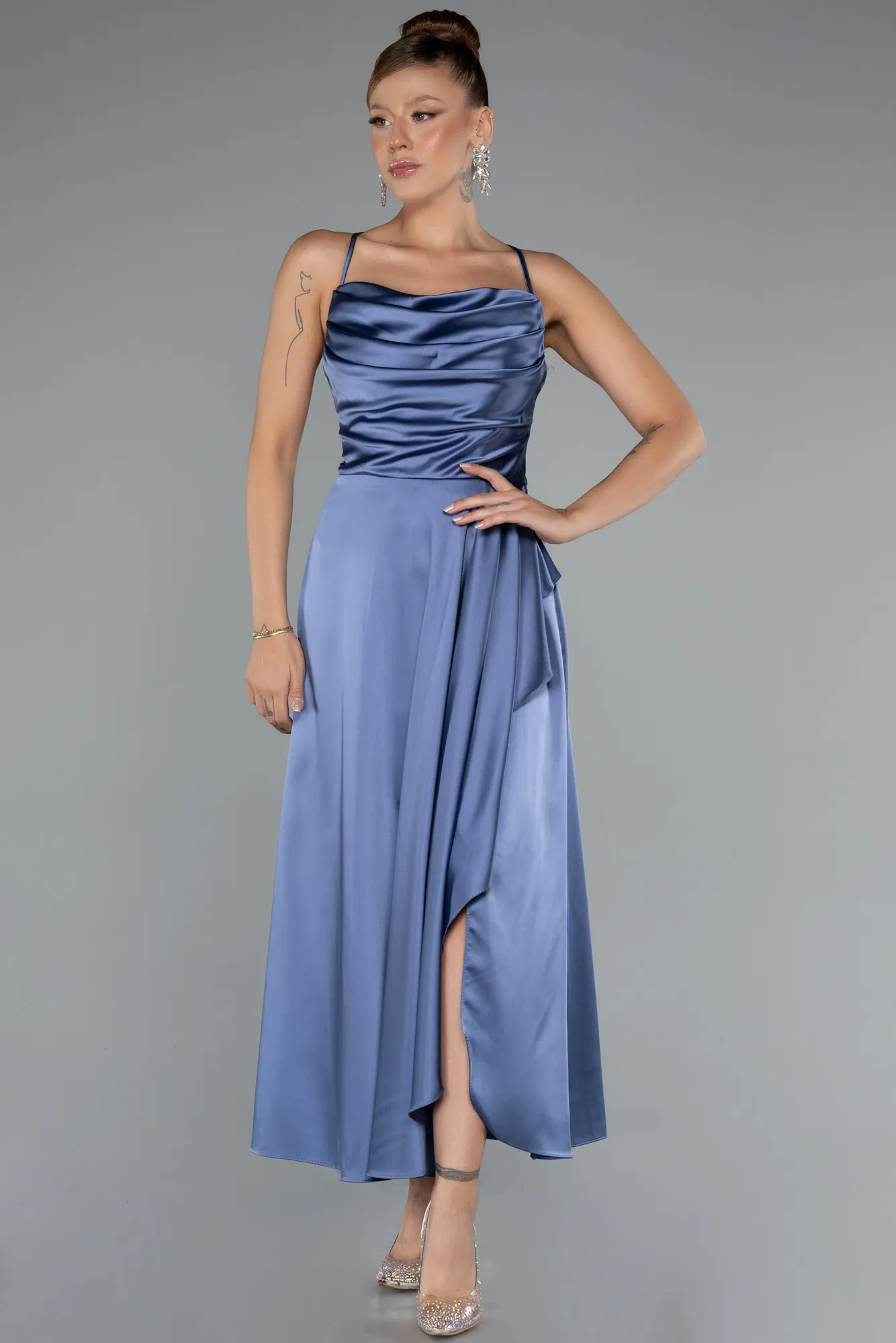 Indigo-Midi Satin Invitation Dress ABK1586