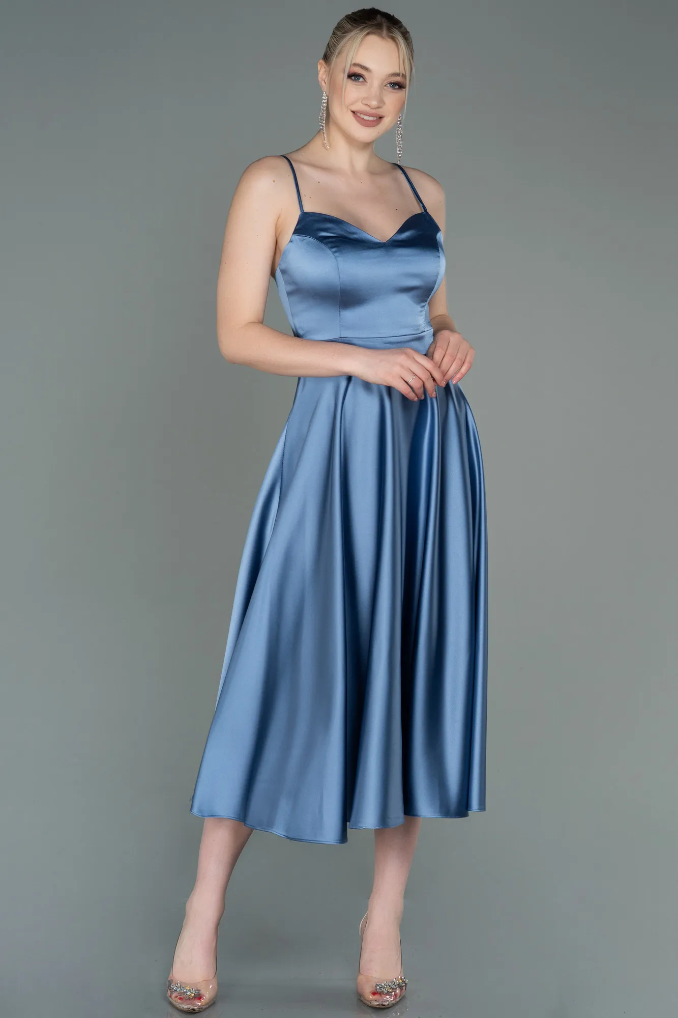 Indigo-Midi Satin Prom Gown ABK1791