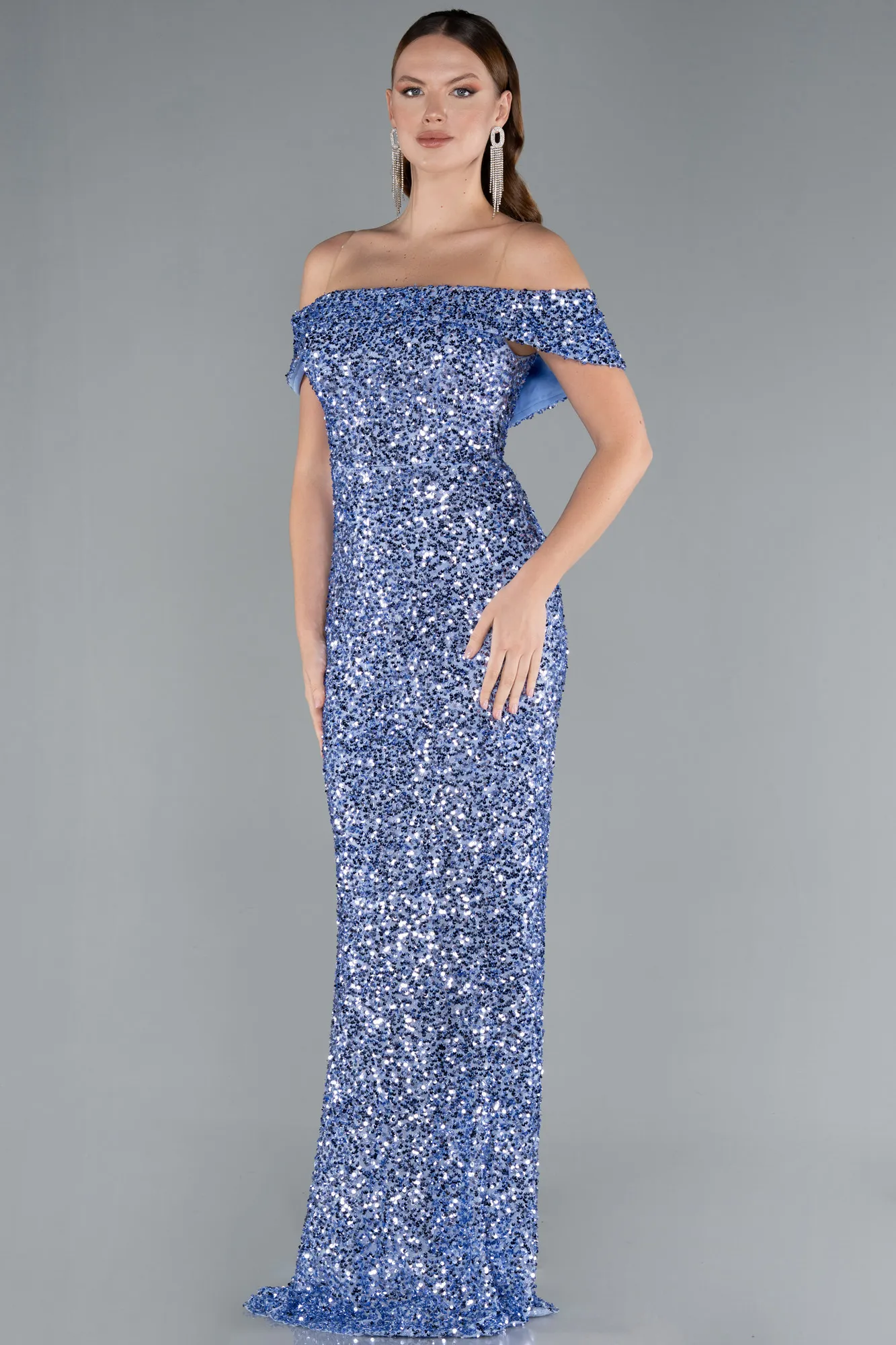 Indigo-Off The Shoulder Long Sequin Mermaid Prom Dress ABU4778