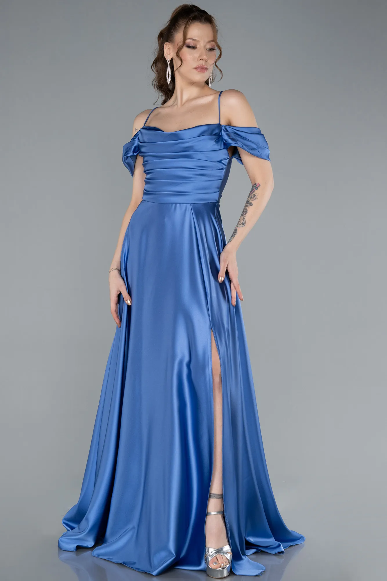 Indigo-Off The Shoulder Slit Long Satin Prom Dress ABU4703