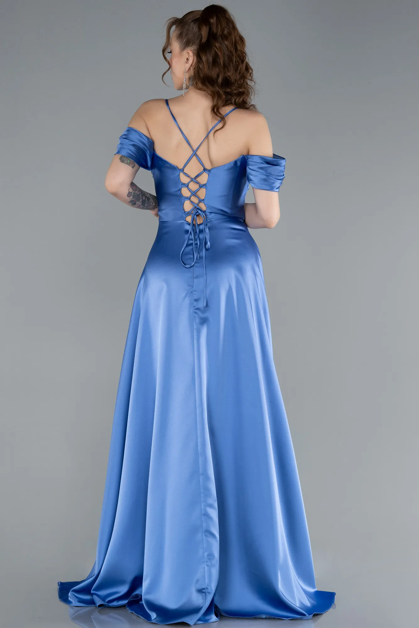 Indigo-Off The Shoulder Slit Long Satin Prom Dress ABU4703