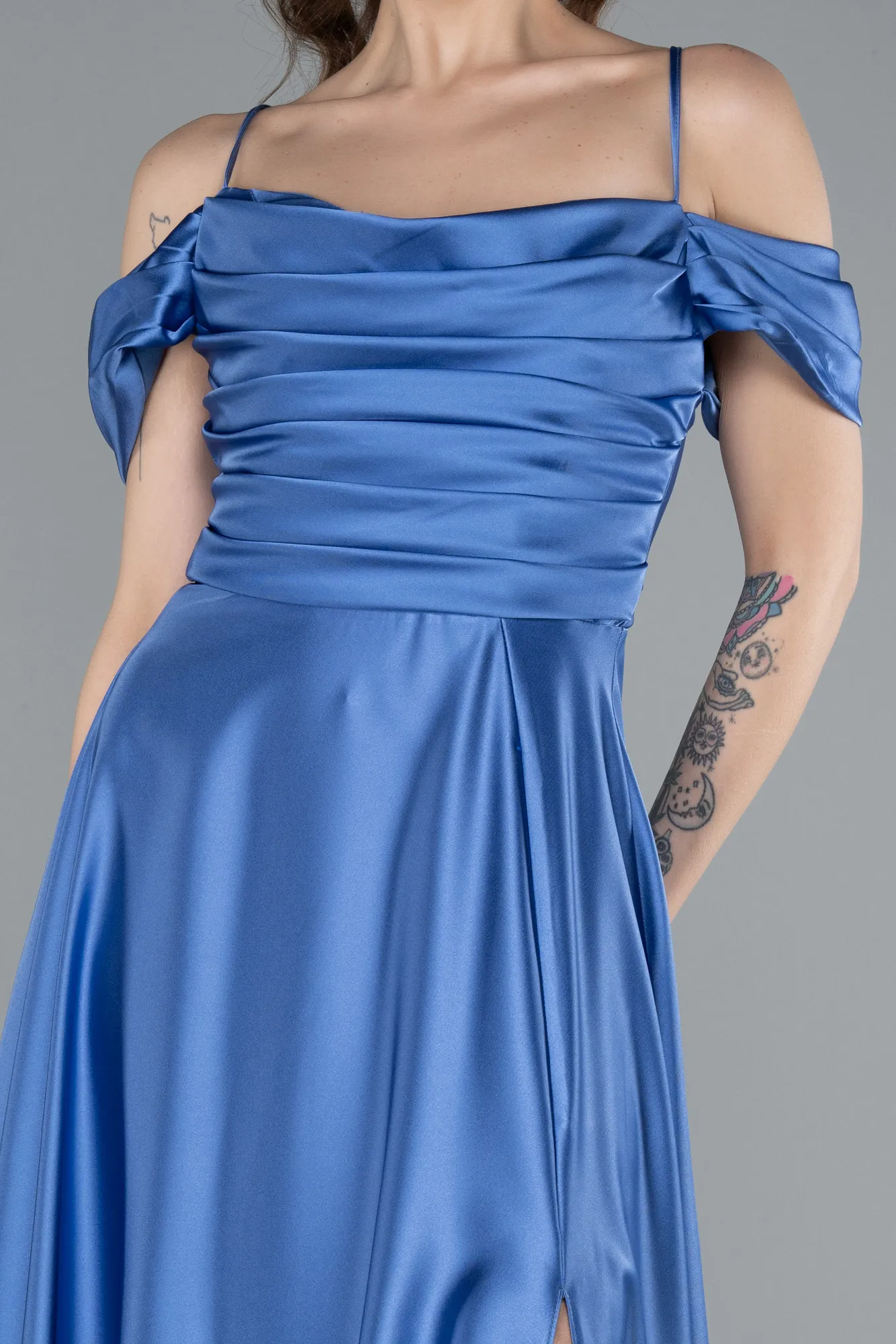 Indigo-Off The Shoulder Slit Long Satin Prom Dress ABU4703