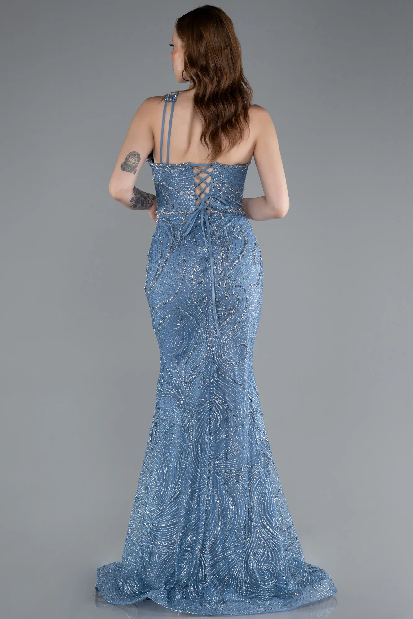 Indigo-One Shoulder Slit Long Glitter Mermaid Evening Gown ABU4697