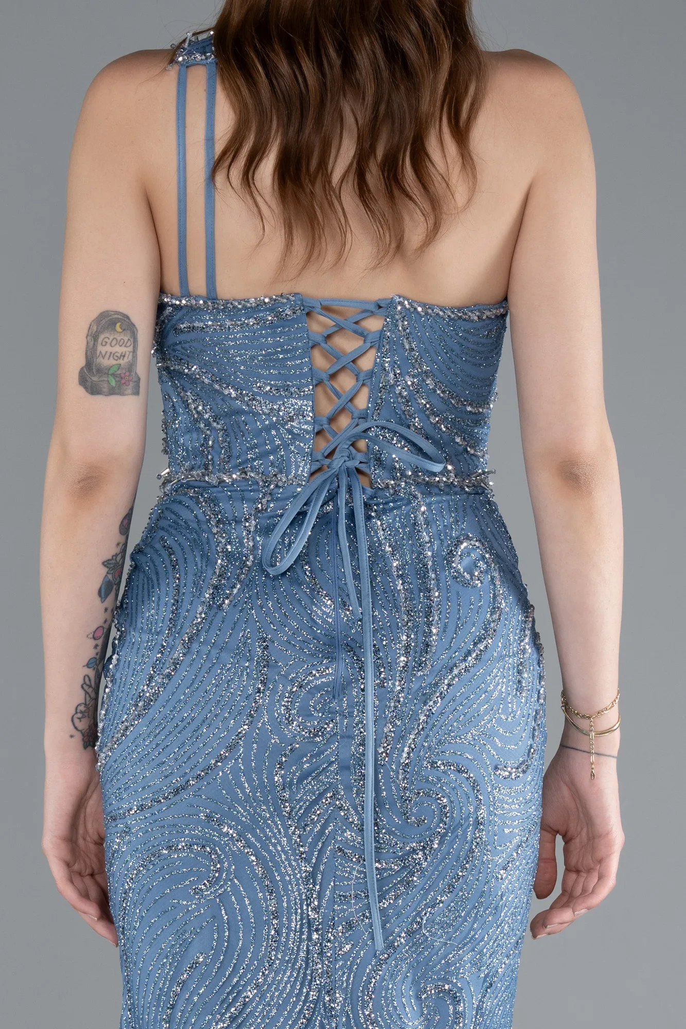 Indigo-One Shoulder Slit Long Glitter Mermaid Evening Gown ABU4697