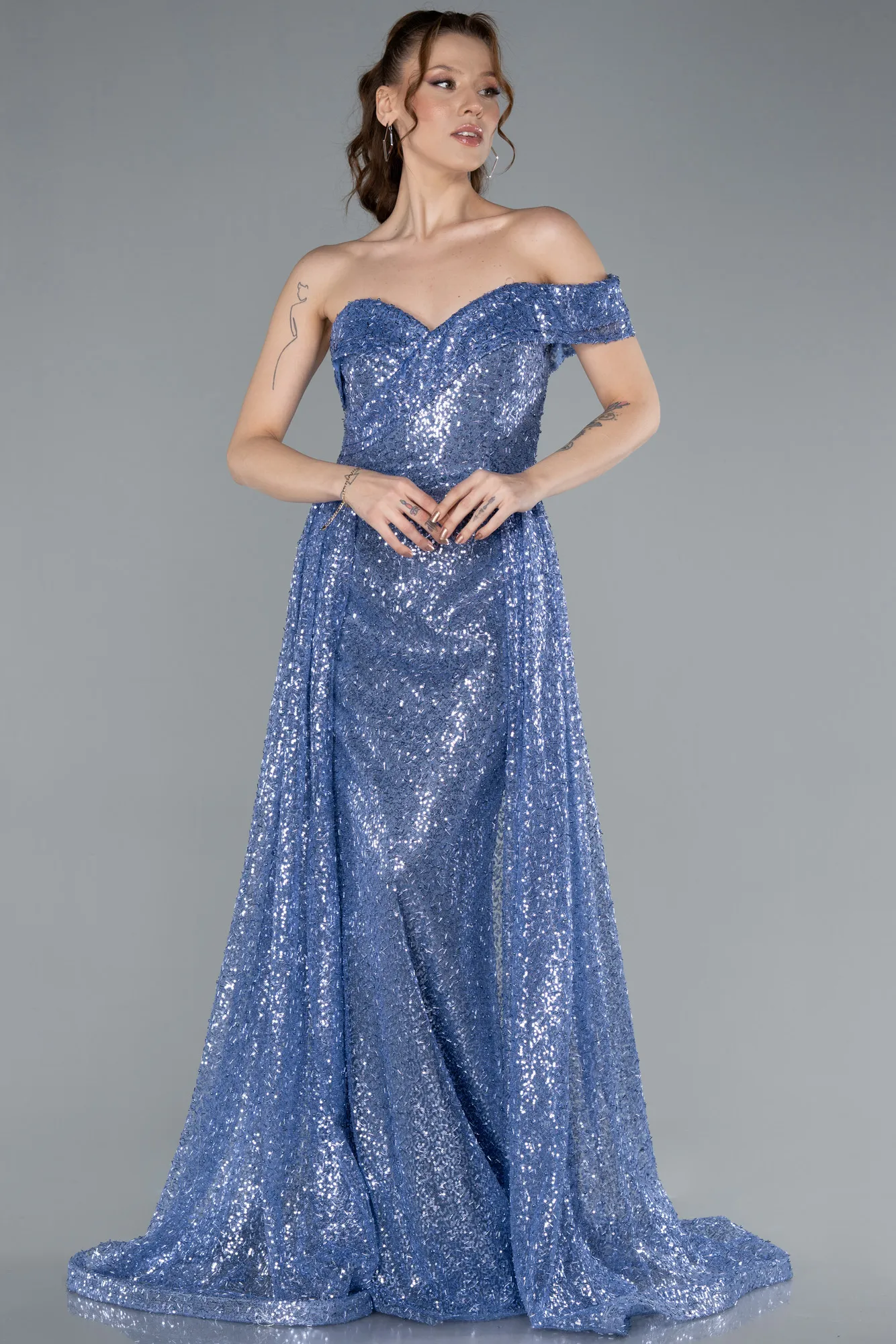 Indigo-One Shoulder Taıled Sequined Long Evening Gown ABU4691
