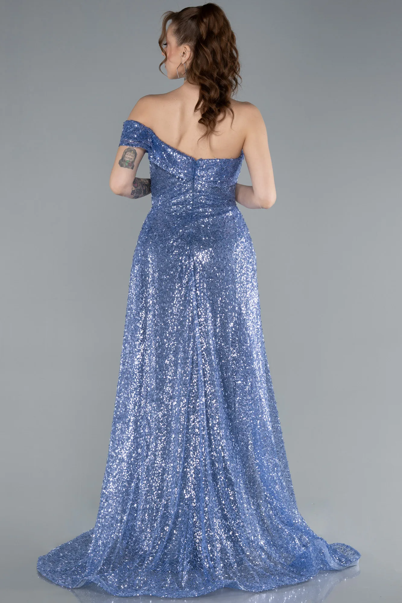 Indigo-One Shoulder Taıled Sequined Long Evening Gown ABU4691