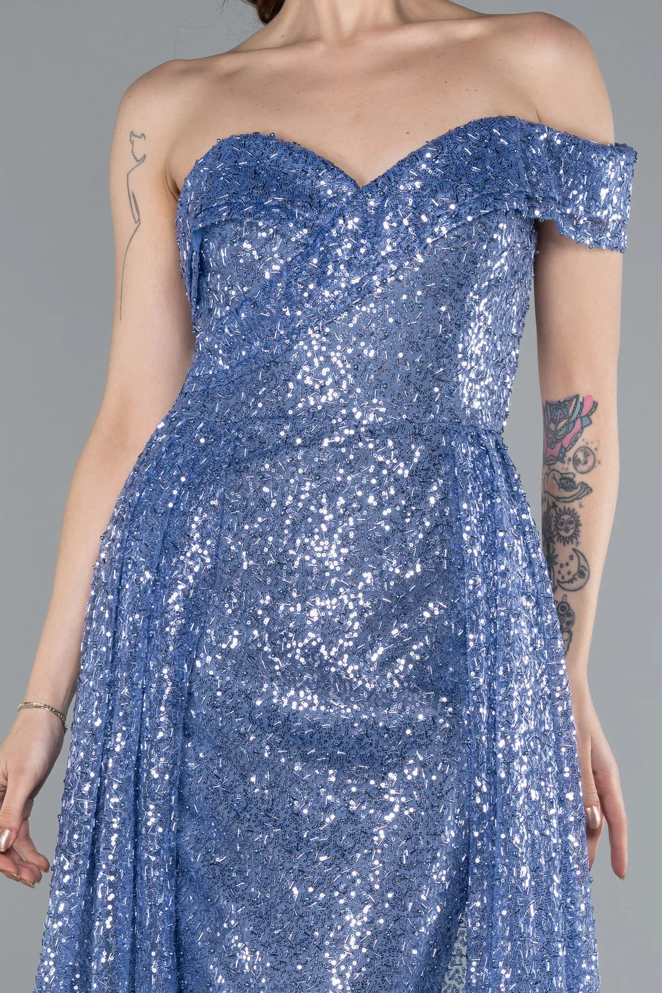 Indigo-One Shoulder Taıled Sequined Long Evening Gown ABU4691