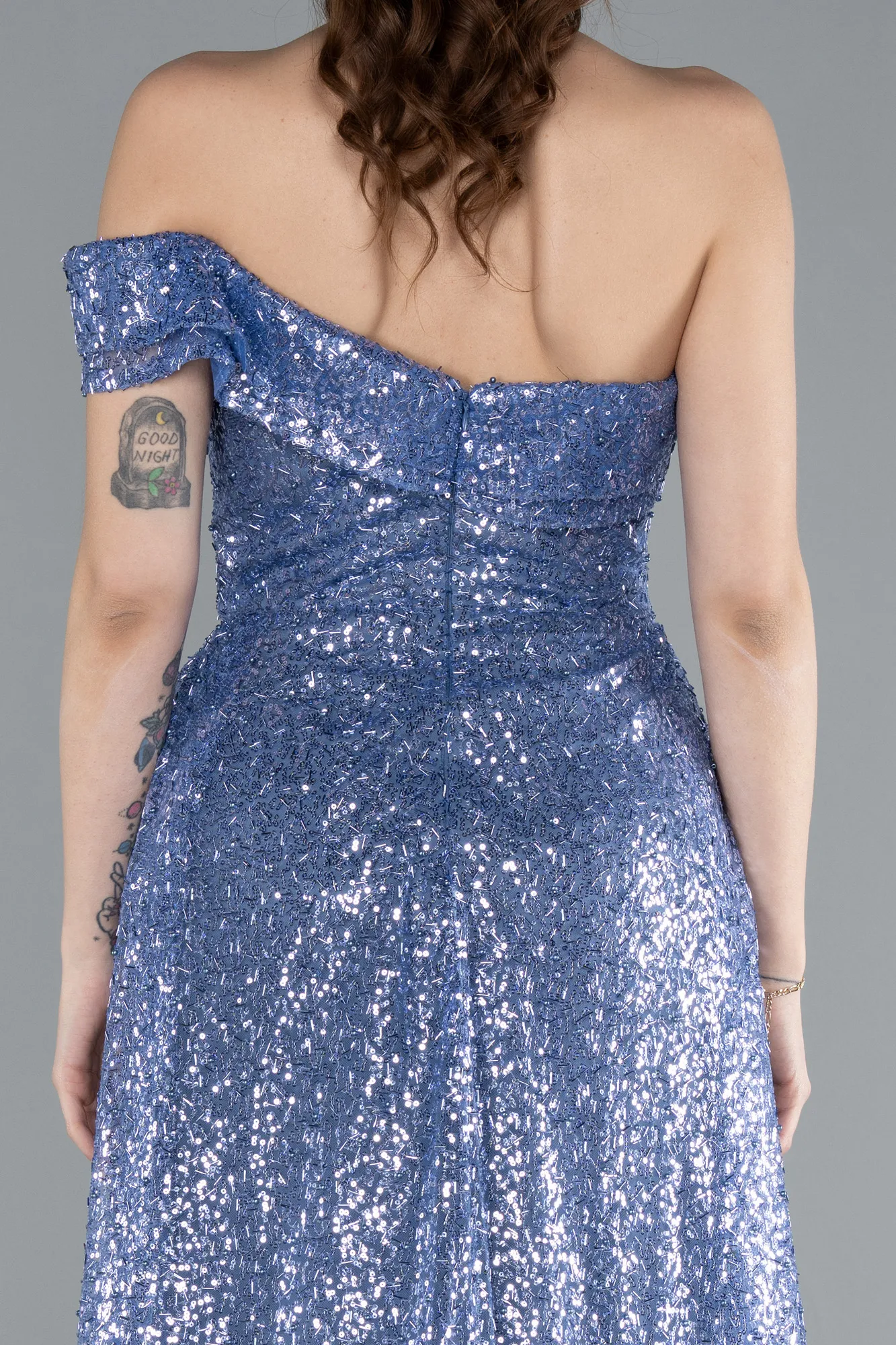 Indigo-One Shoulder Taıled Sequined Long Evening Gown ABU4691