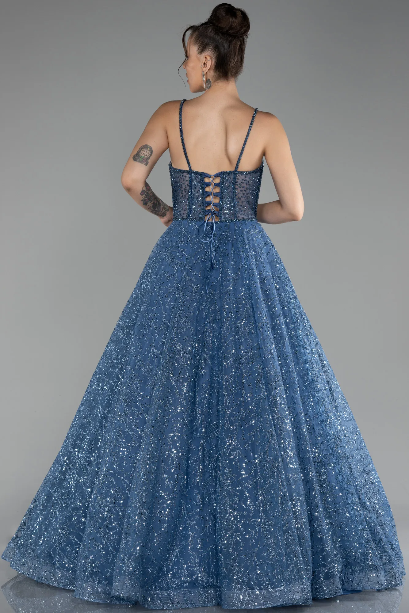 Indigo-Strappy Glitter Long Ball Gown ABU3839