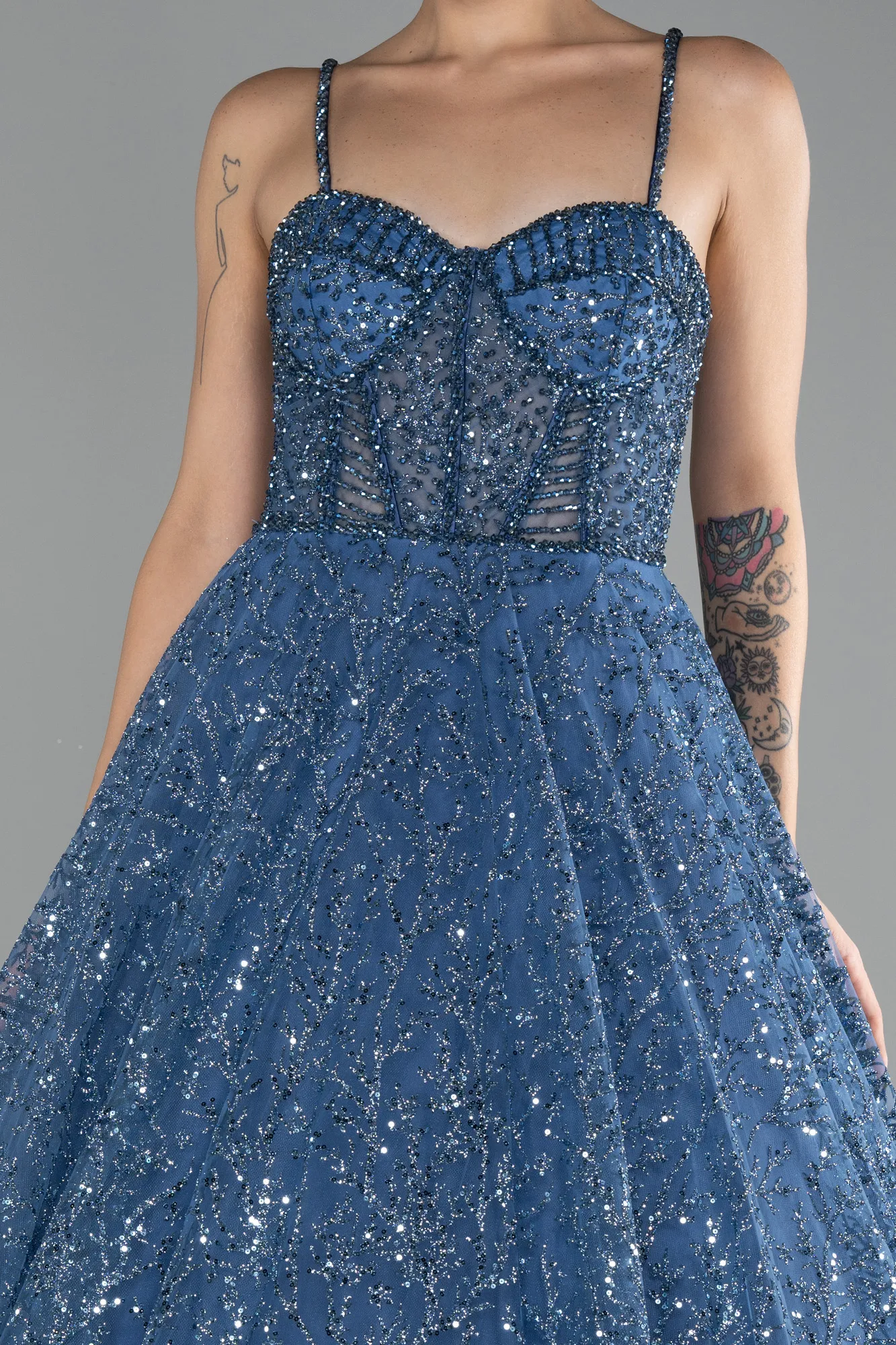 Indigo-Strappy Glitter Long Ball Gown ABU3839