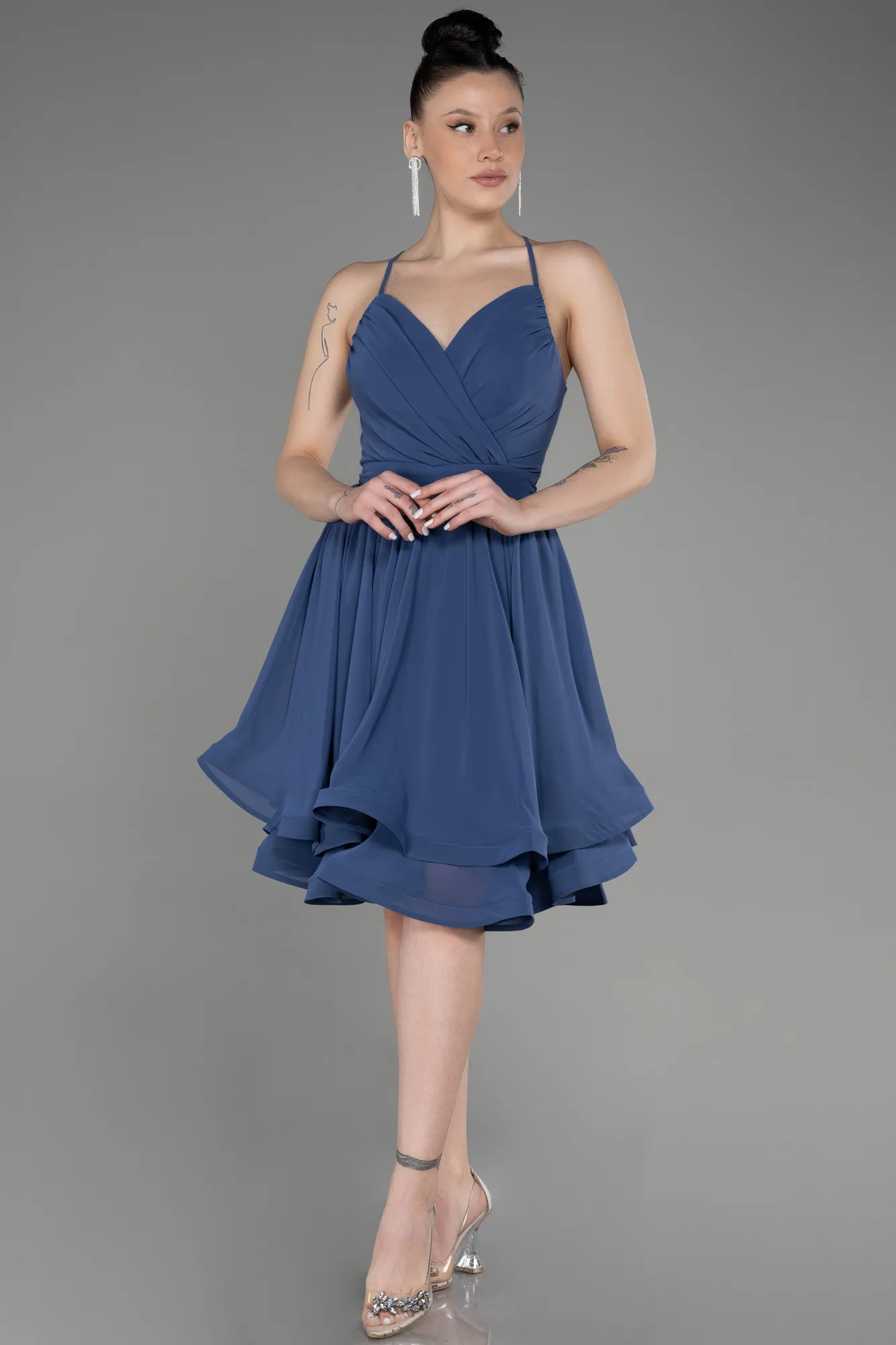 Indigo-Short Chiffon Evening Dress ABK1984