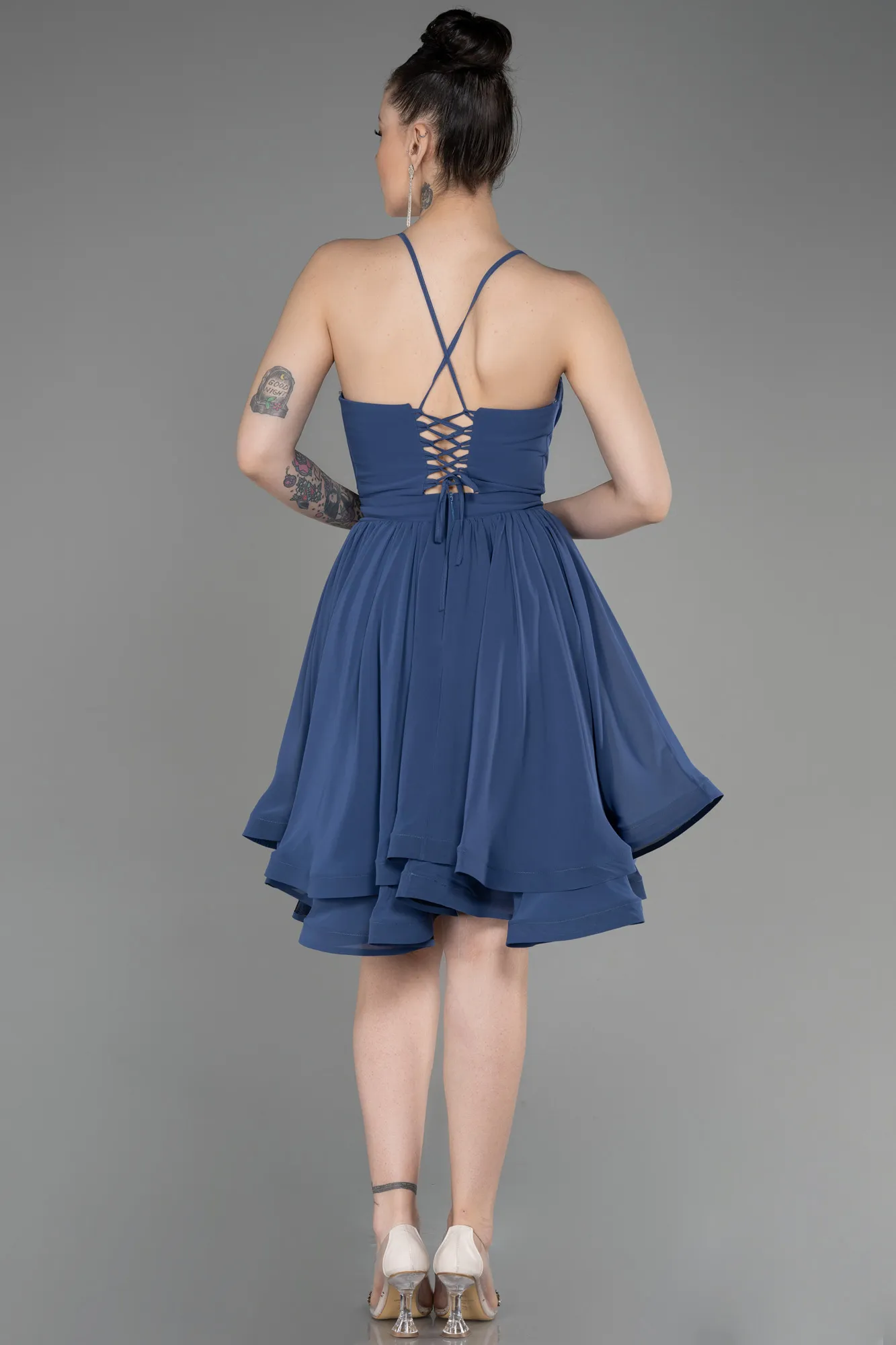 Indigo-Short Chiffon Evening Dress ABK1984