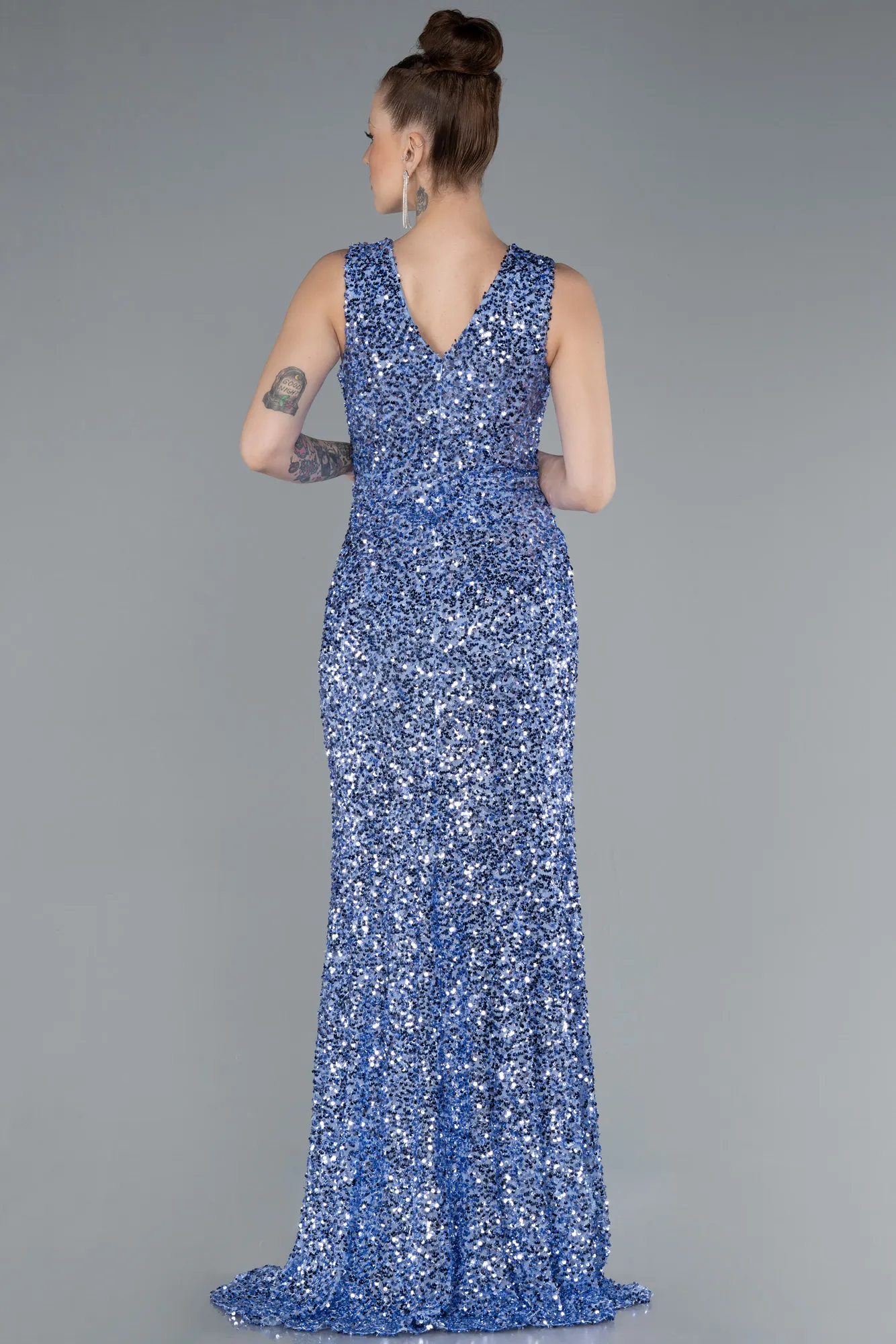 Indigo-Sleeveless Slit Long Sequin Evening Gown ABU4672