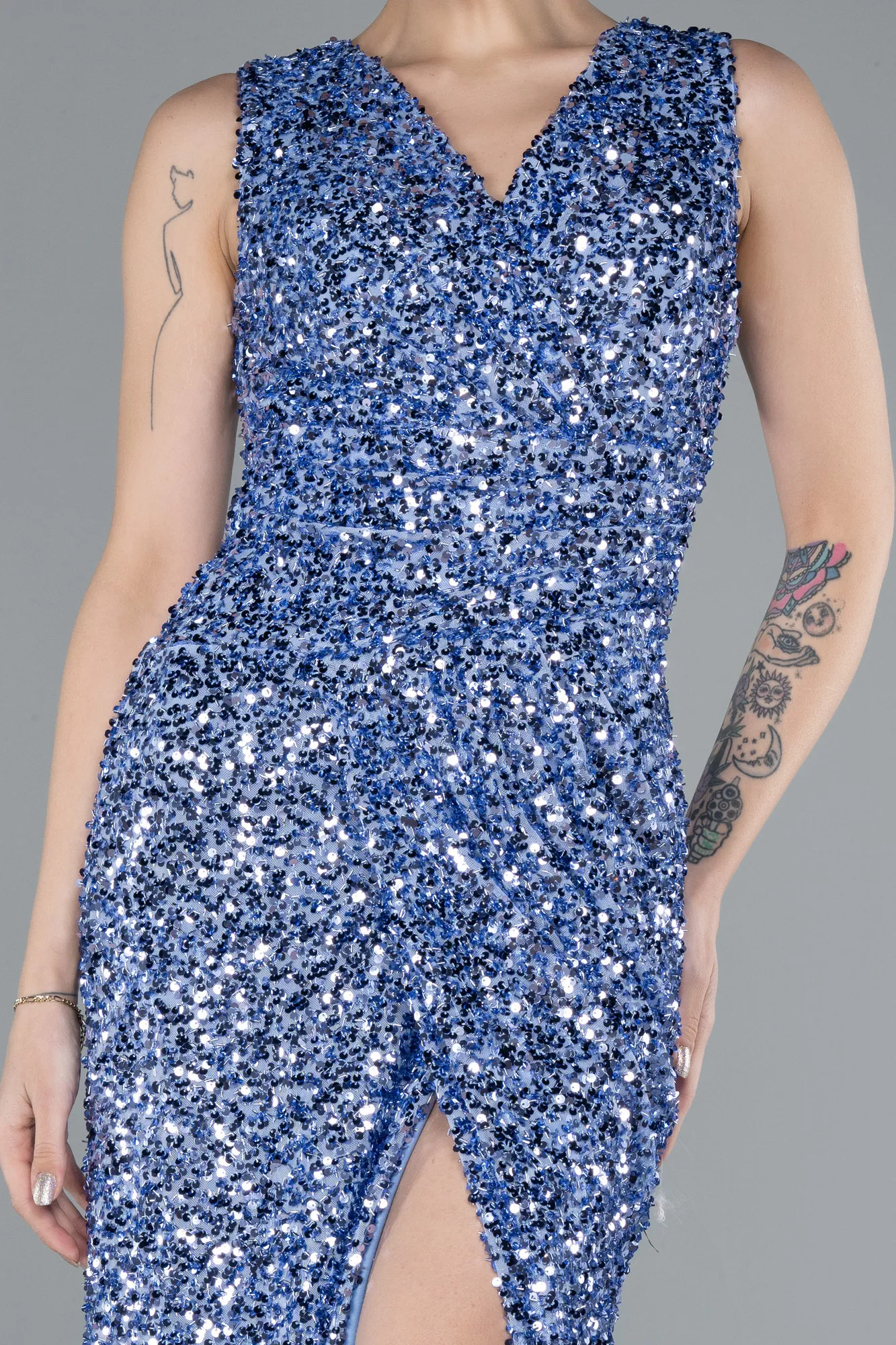 Indigo-Sleeveless Slit Long Sequin Evening Gown ABU4672