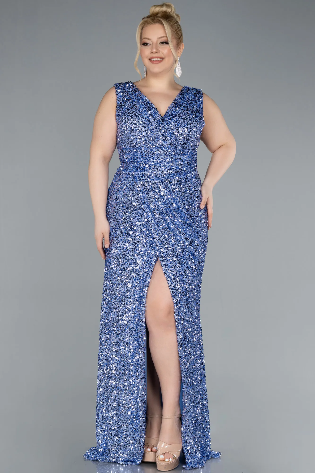 Indigo-Sleeveless Slit Long Sequin Plus Size Evening Gown ABU4673