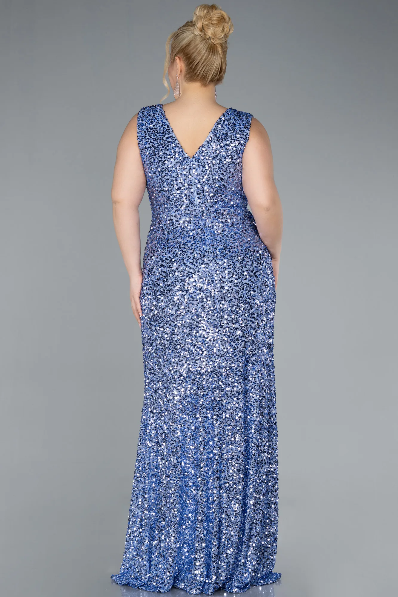 Indigo-Sleeveless Slit Long Sequin Plus Size Evening Gown ABU4673