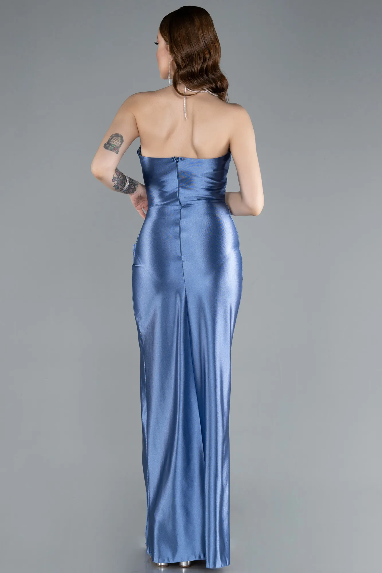 Indigo-Slit Satin Long Prom Dress ABU4884
