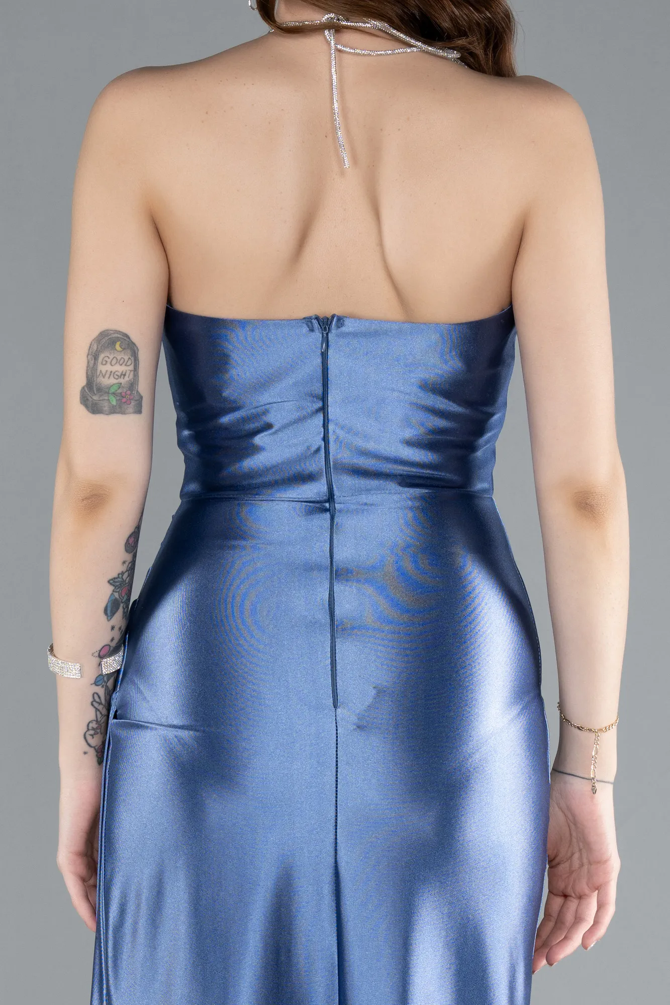 Indigo-Slit Satin Long Prom Dress ABU4884