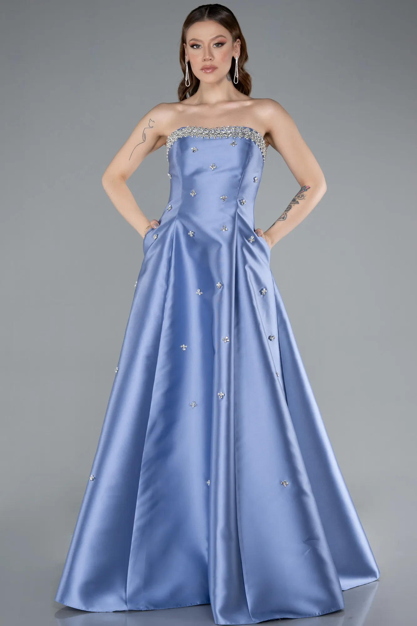 Indigo-Stoned Strapless Long Taffeta Evening Dress ABU4743