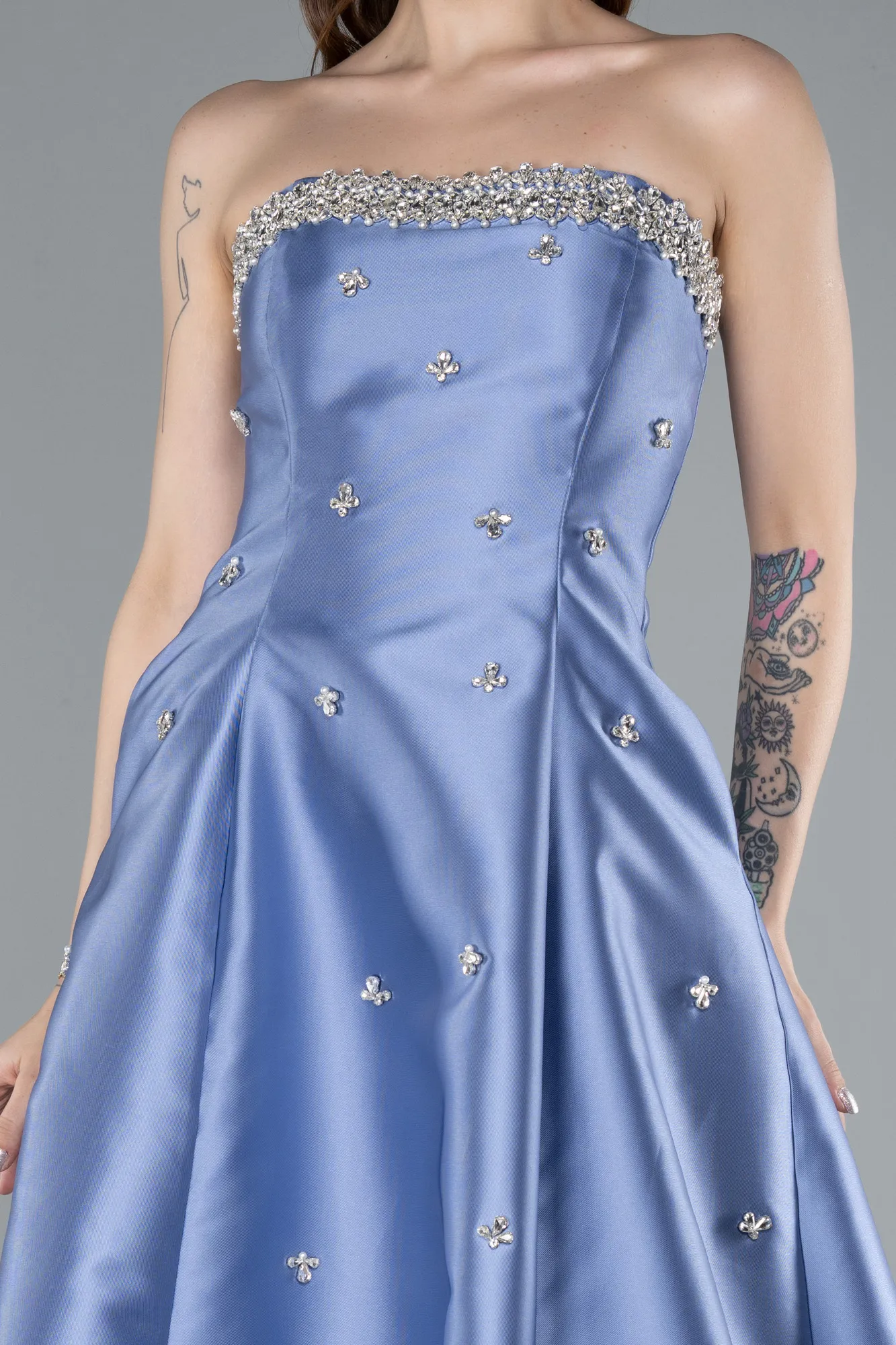 Indigo-Stoned Strapless Long Taffeta Evening Dress ABU4743