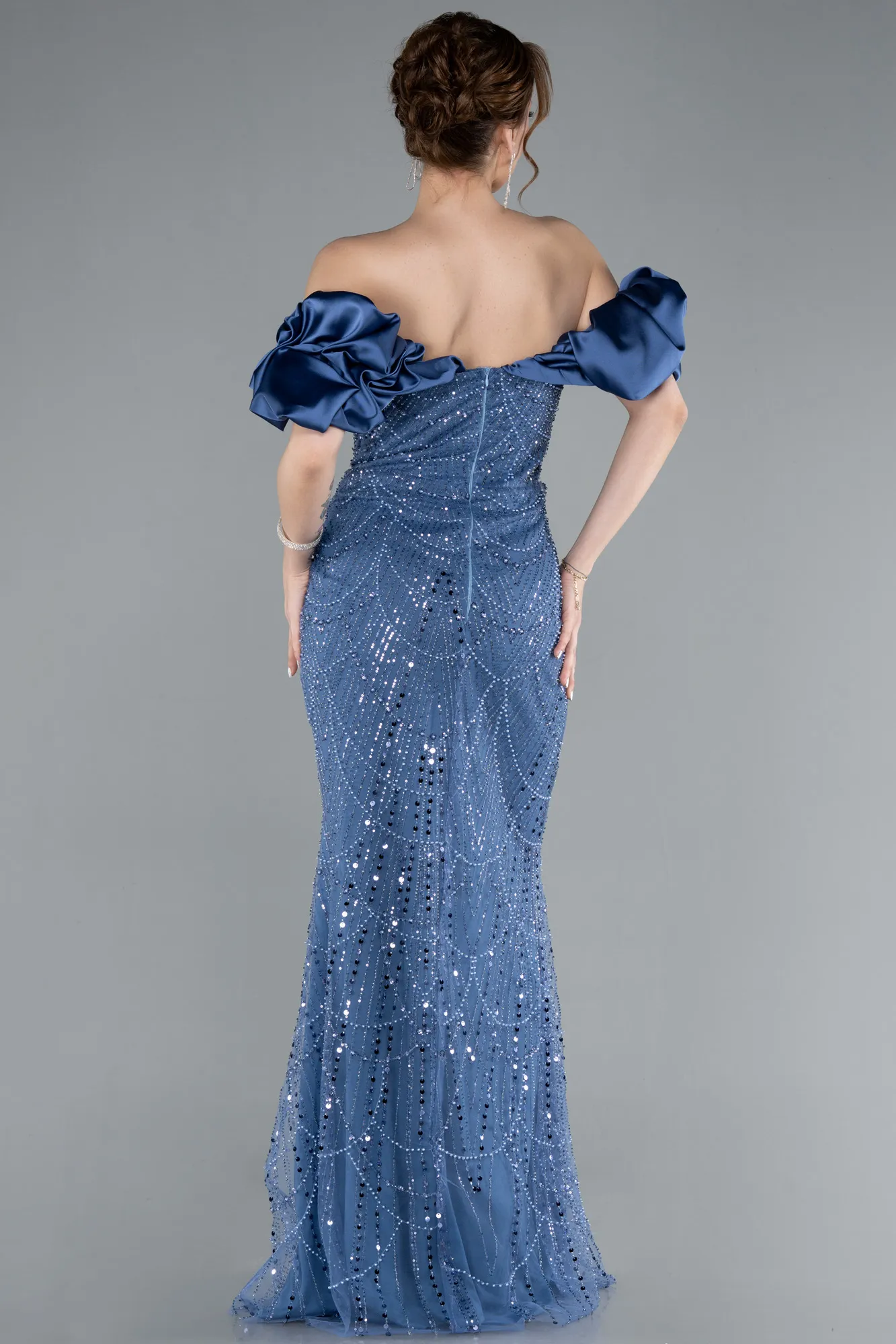 Indigo-Stoned Strapless Sleeve Accessories Long Mermaid Evening Gown ABU4509