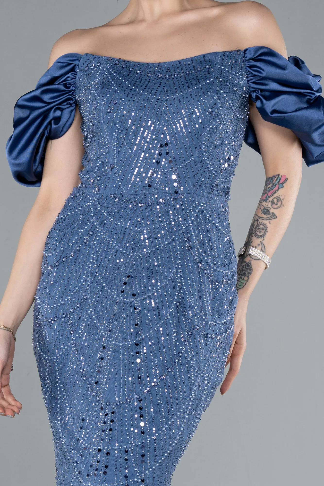 Indigo-Stoned Strapless Sleeve Accessories Long Mermaid Evening Gown ABU4509