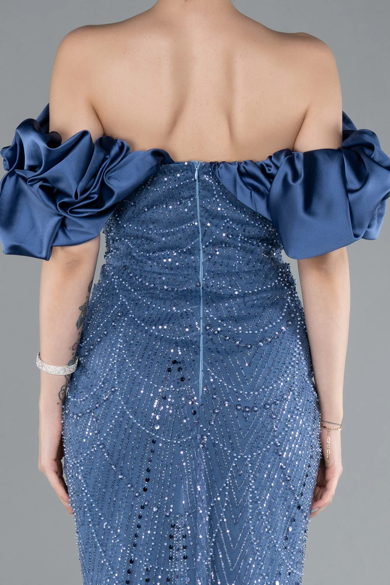 Indigo-Stoned Strapless Sleeve Accessories Long Mermaid Evening Gown ABU4509