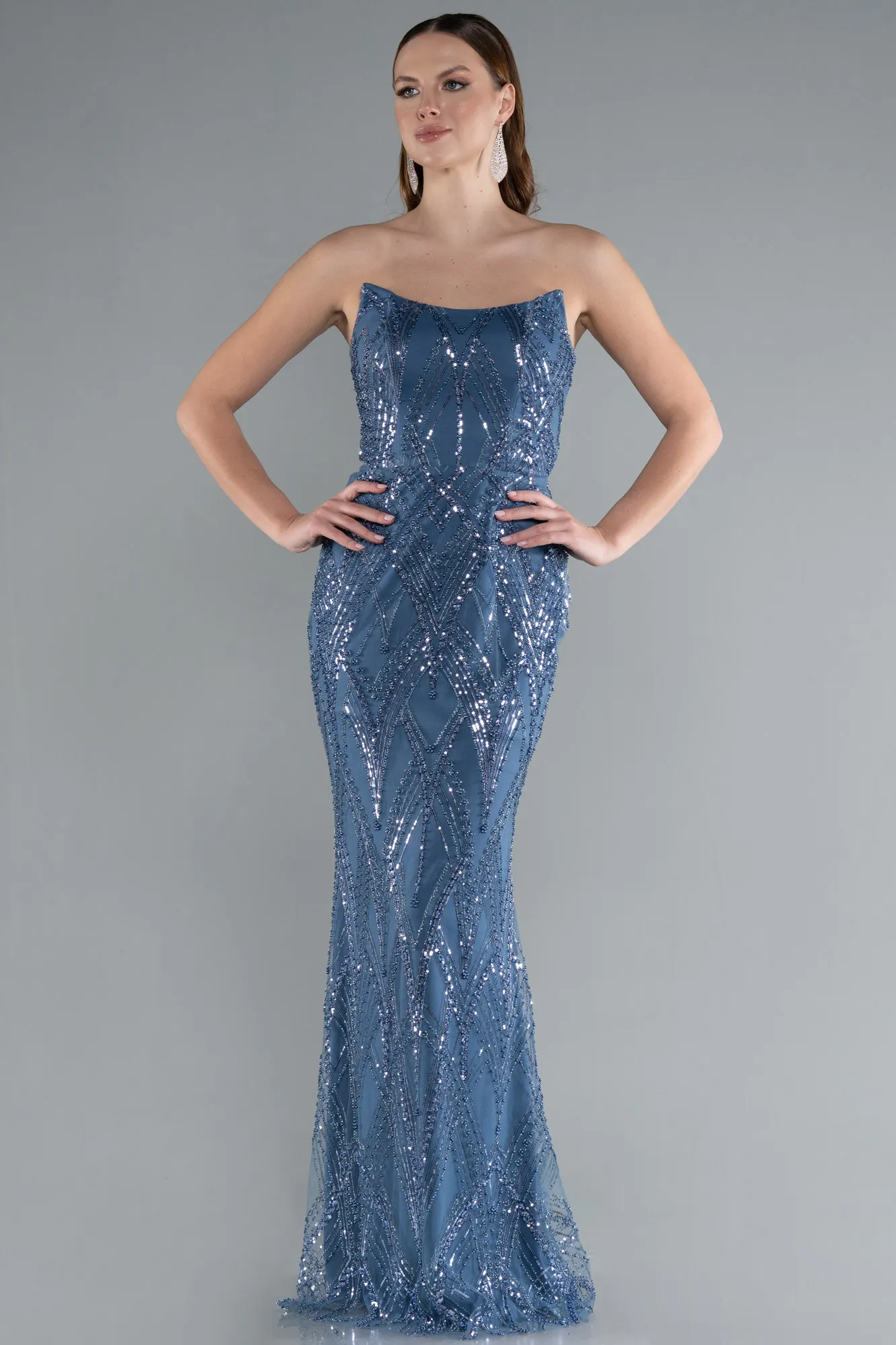 Indigo-Strapless Beaded Long Evening Gown ABU4775
