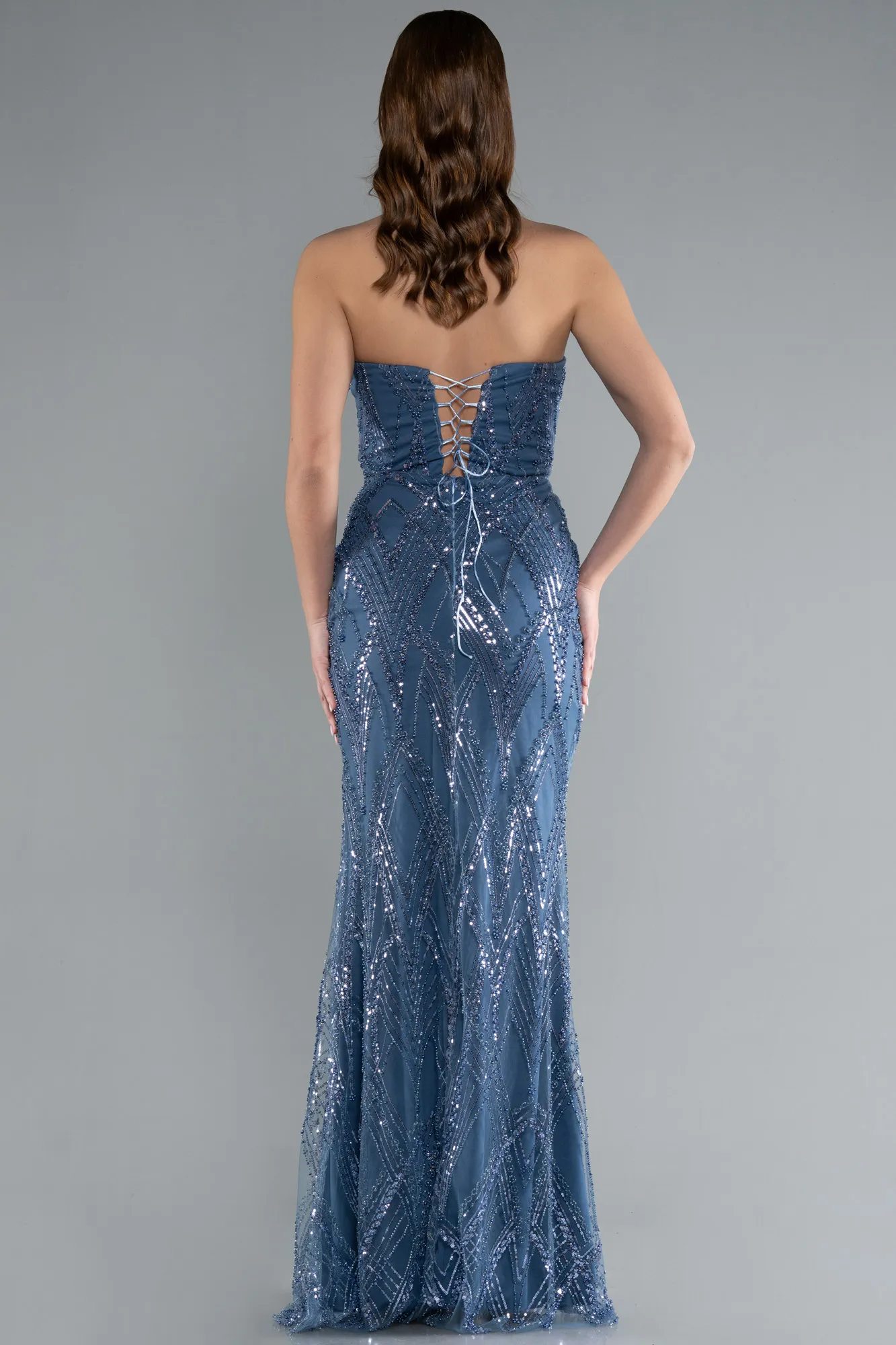 Indigo-Strapless Beaded Long Evening Gown ABU4775
