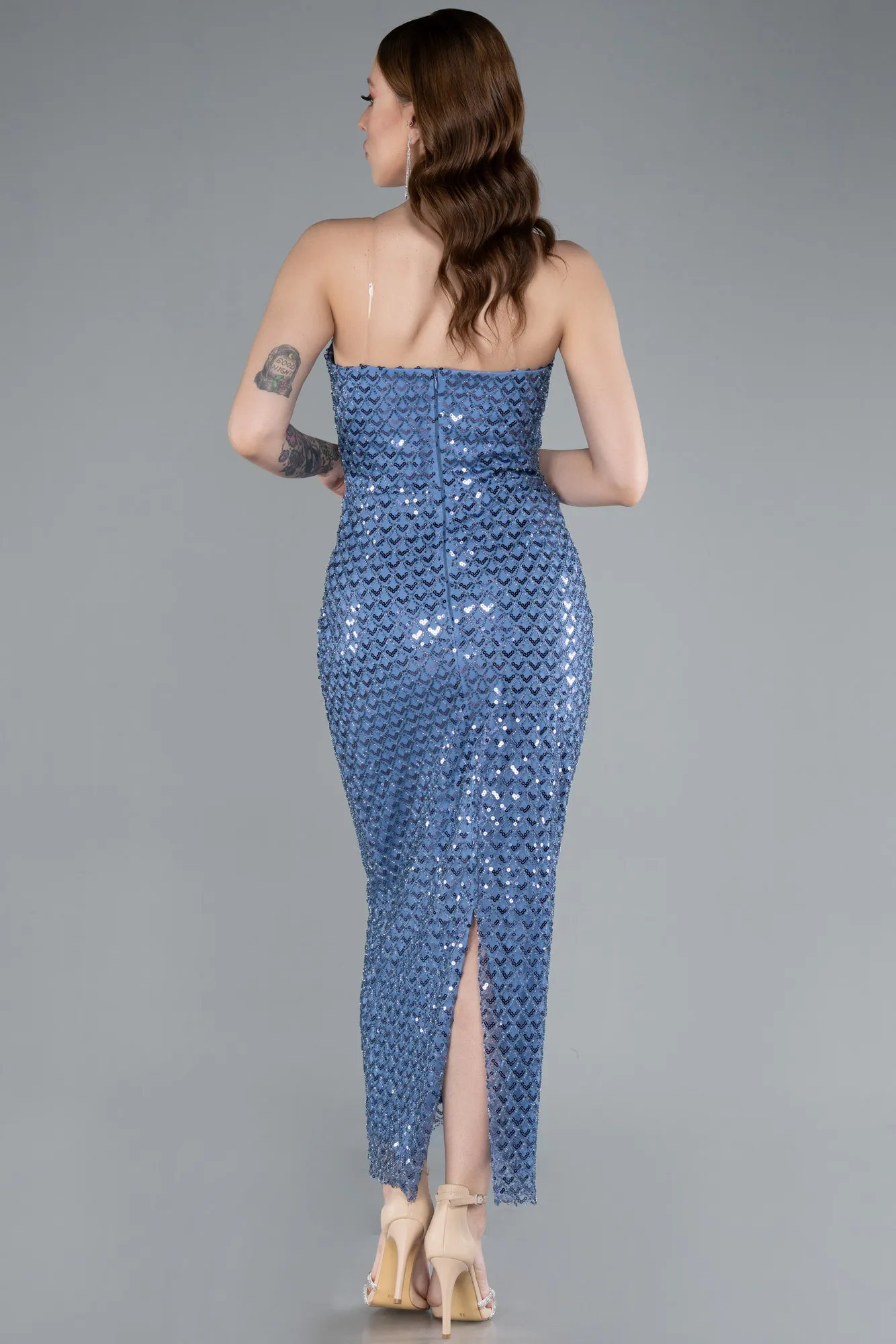 Indigo-Strapless Beaded Midi Cocktail Dress ABK2260