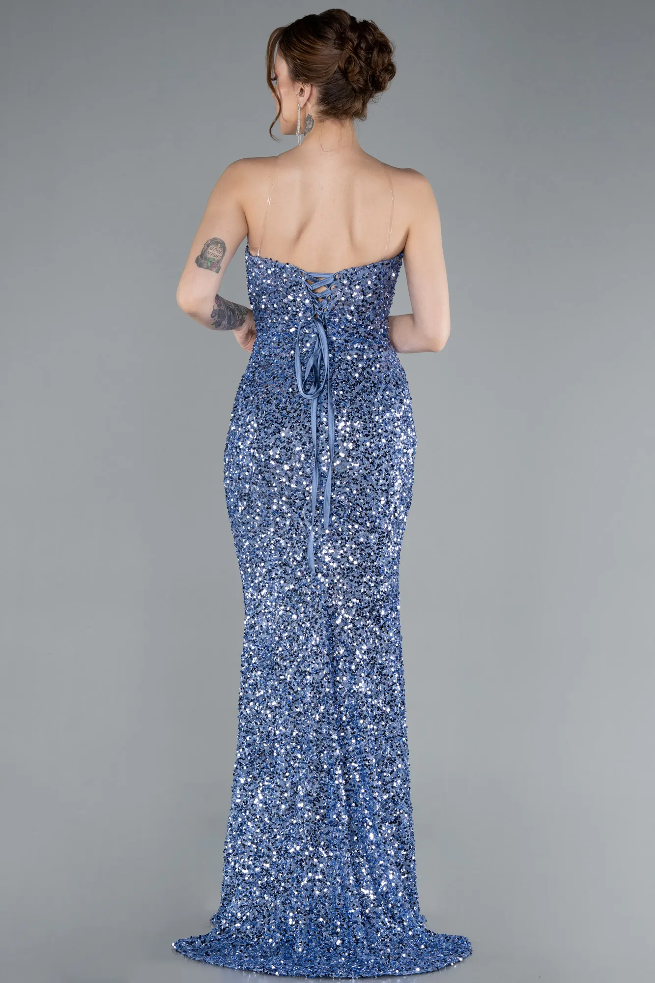 Indigo-Strapless Long Scaly Mermaid Evening Gown ABU4816