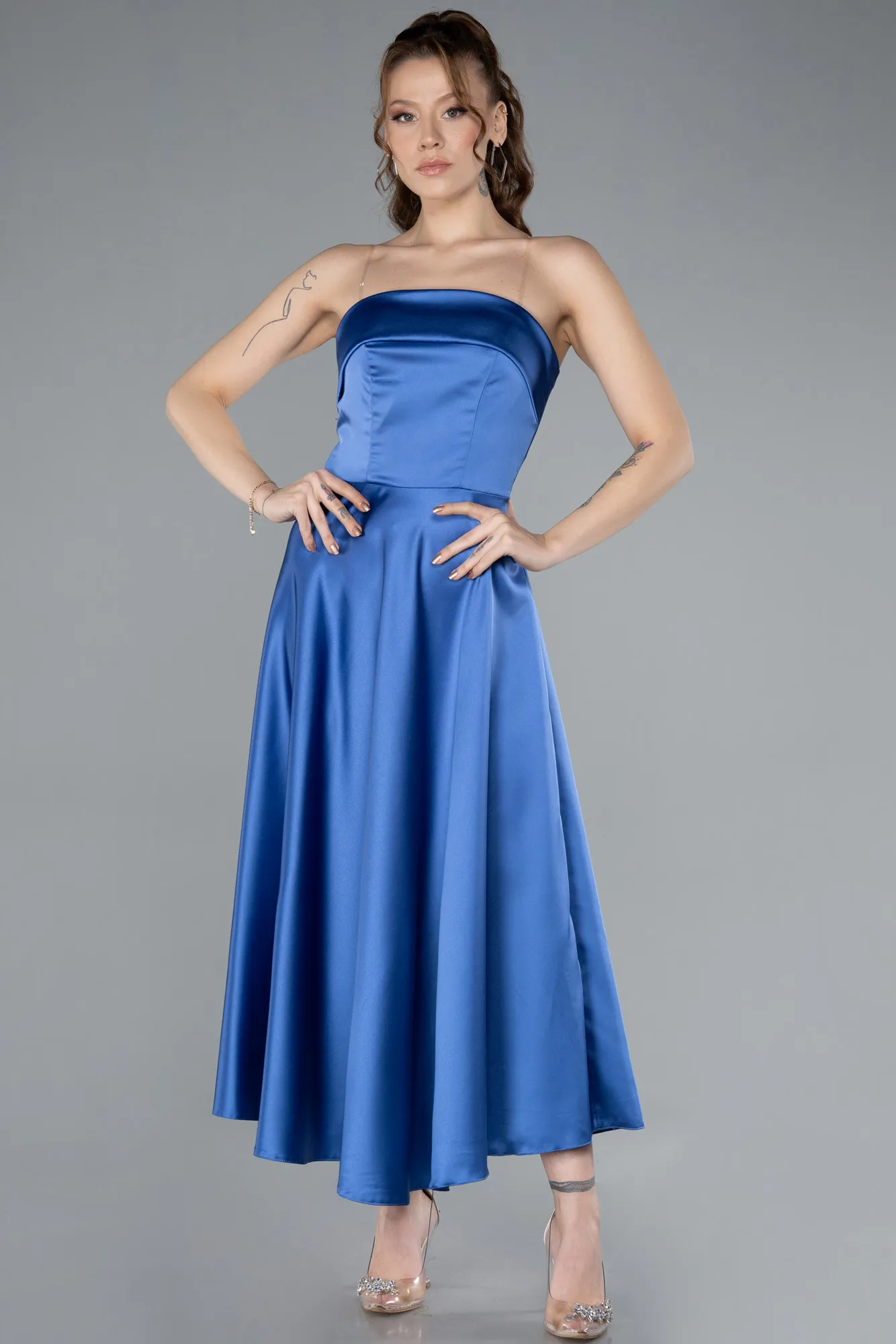 Indigo-Strapless Midi Satin Cocktail Dress ABK2275