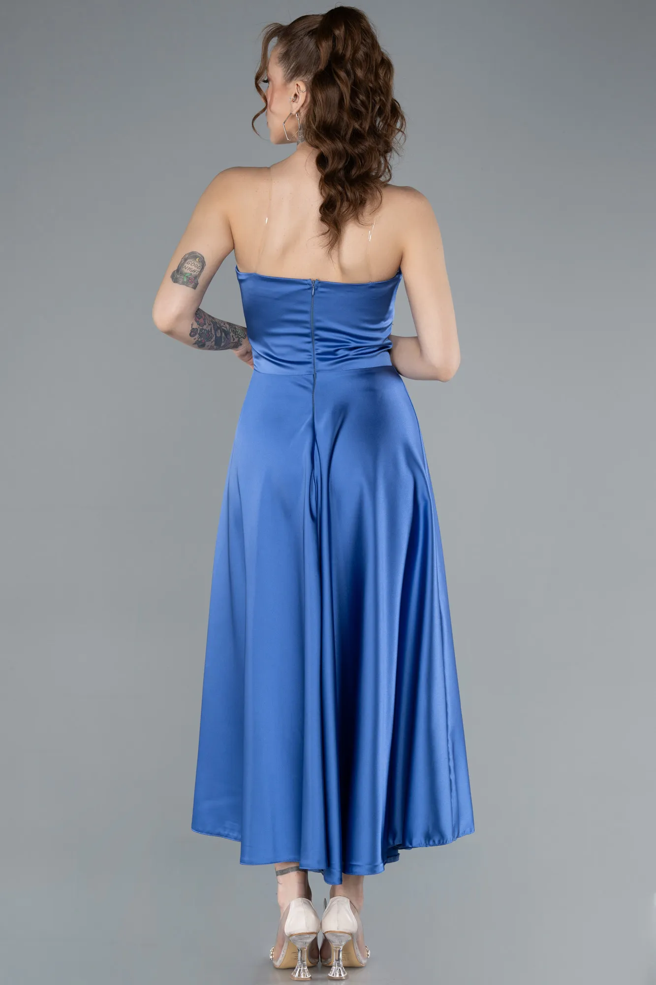 Indigo-Strapless Midi Satin Cocktail Dress ABK2275