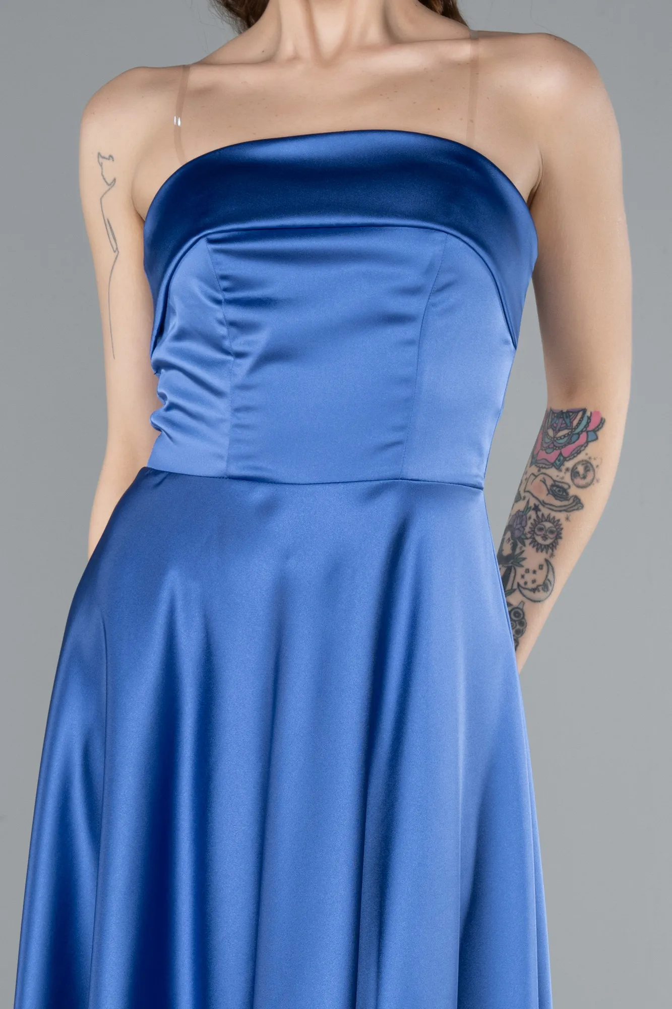 Indigo-Strapless Midi Satin Cocktail Dress ABK2275