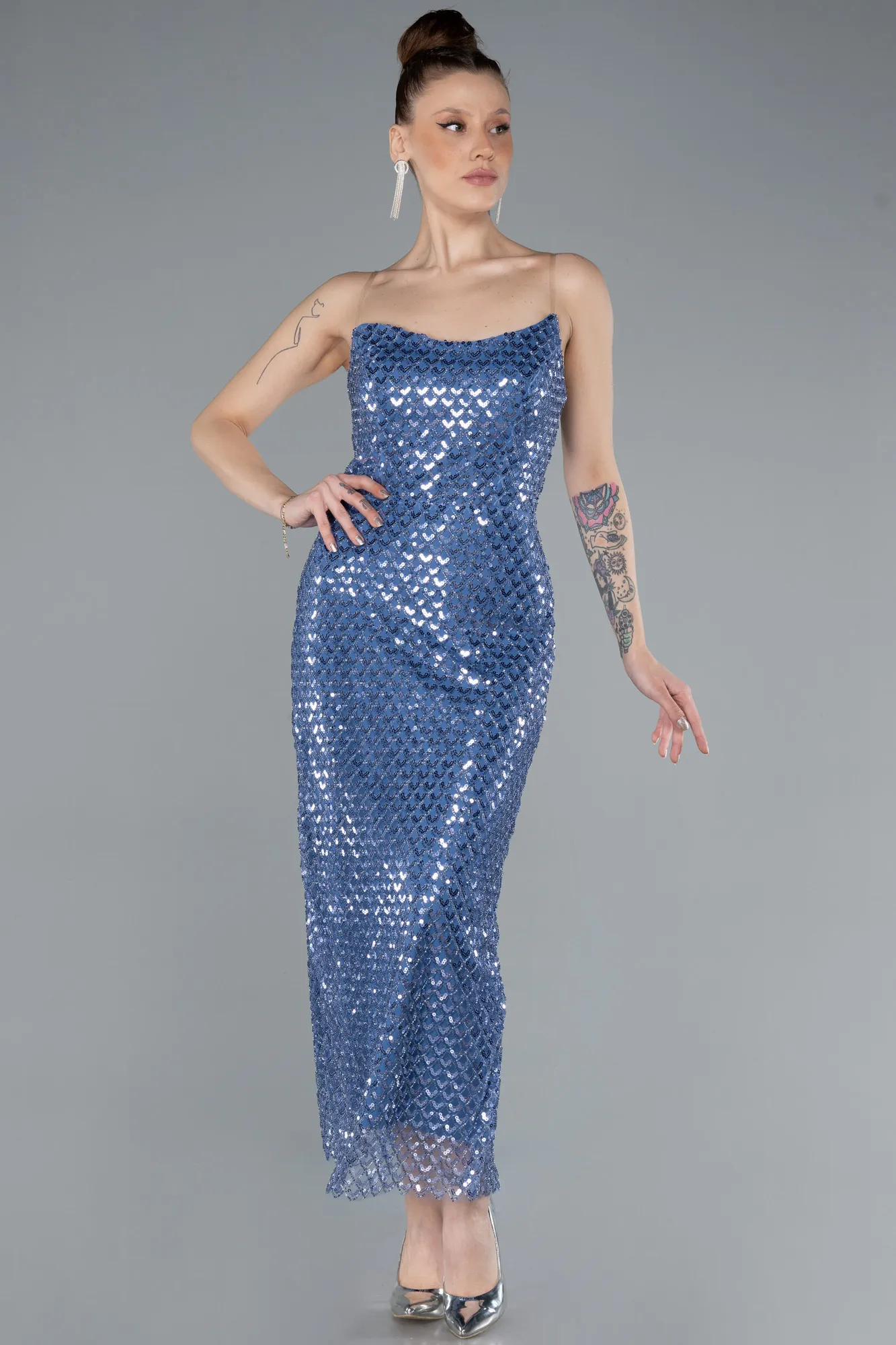Indigo-Strapless Midi Sequined Cocktail Dress ABK2258