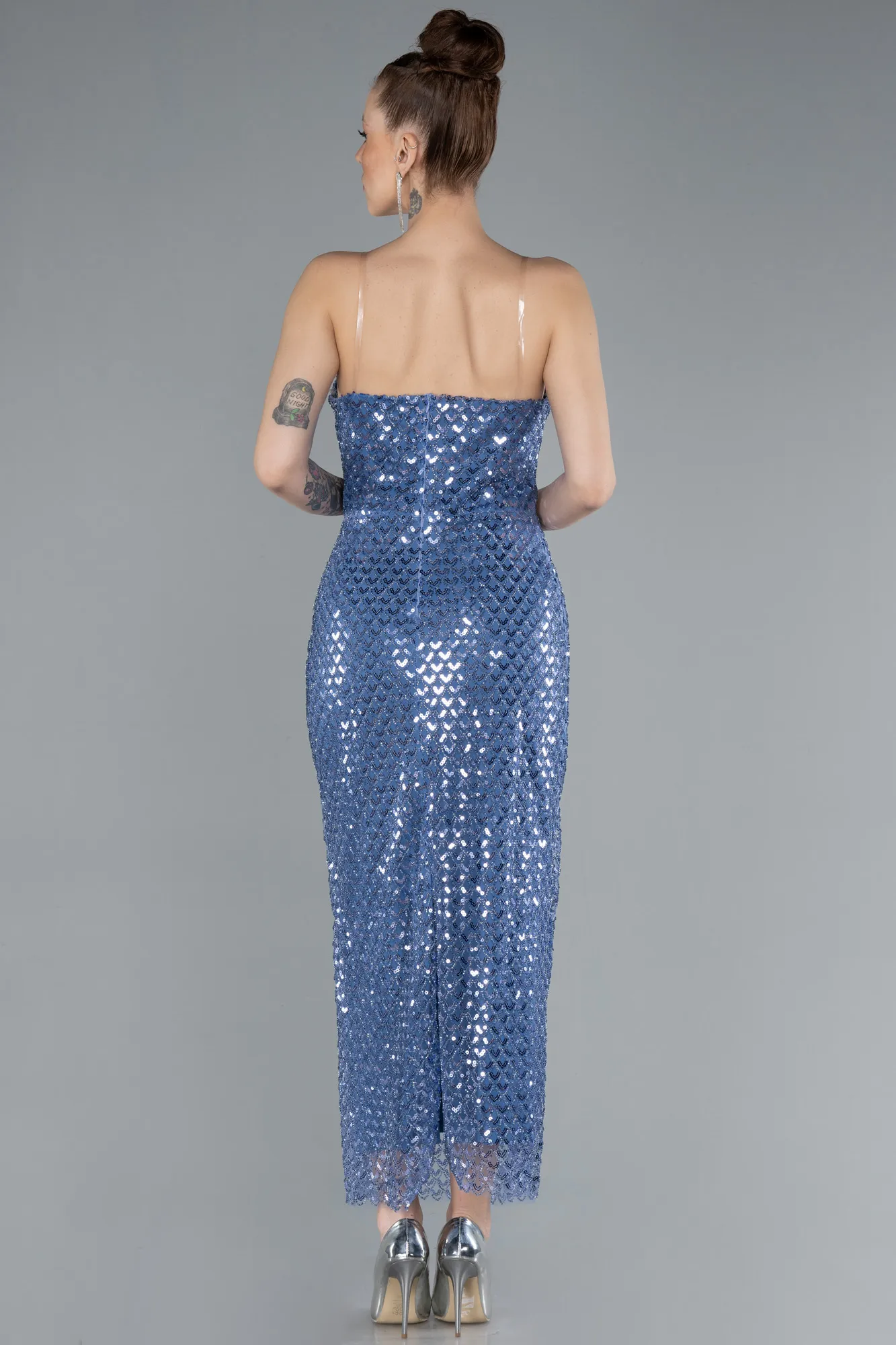 Indigo-Strapless Midi Sequined Cocktail Dress ABK2258