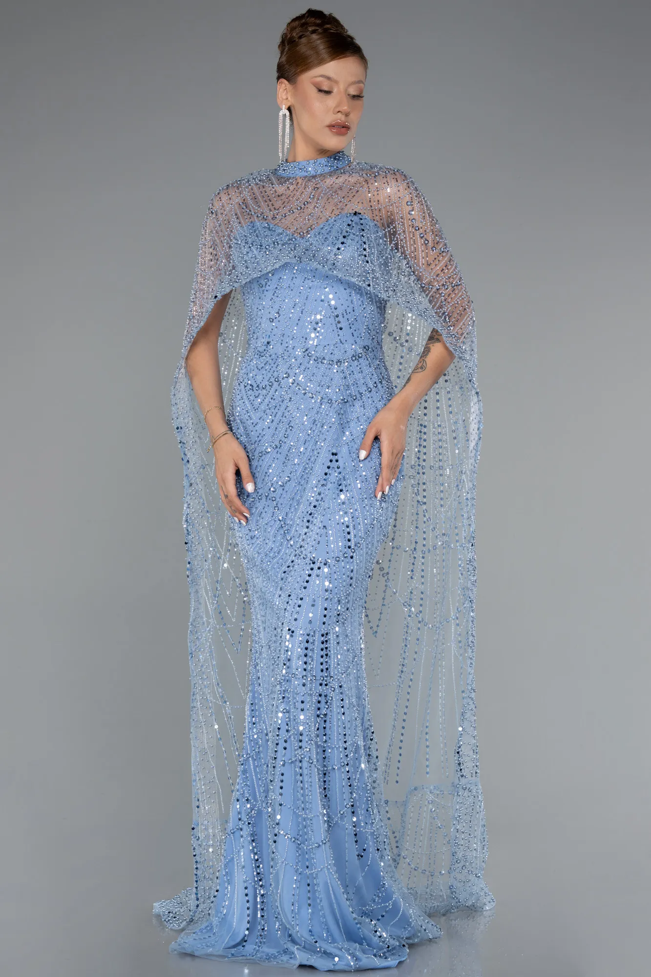 Indigo-Strapless Shawl Stoned Long Evening Gown ABU4517