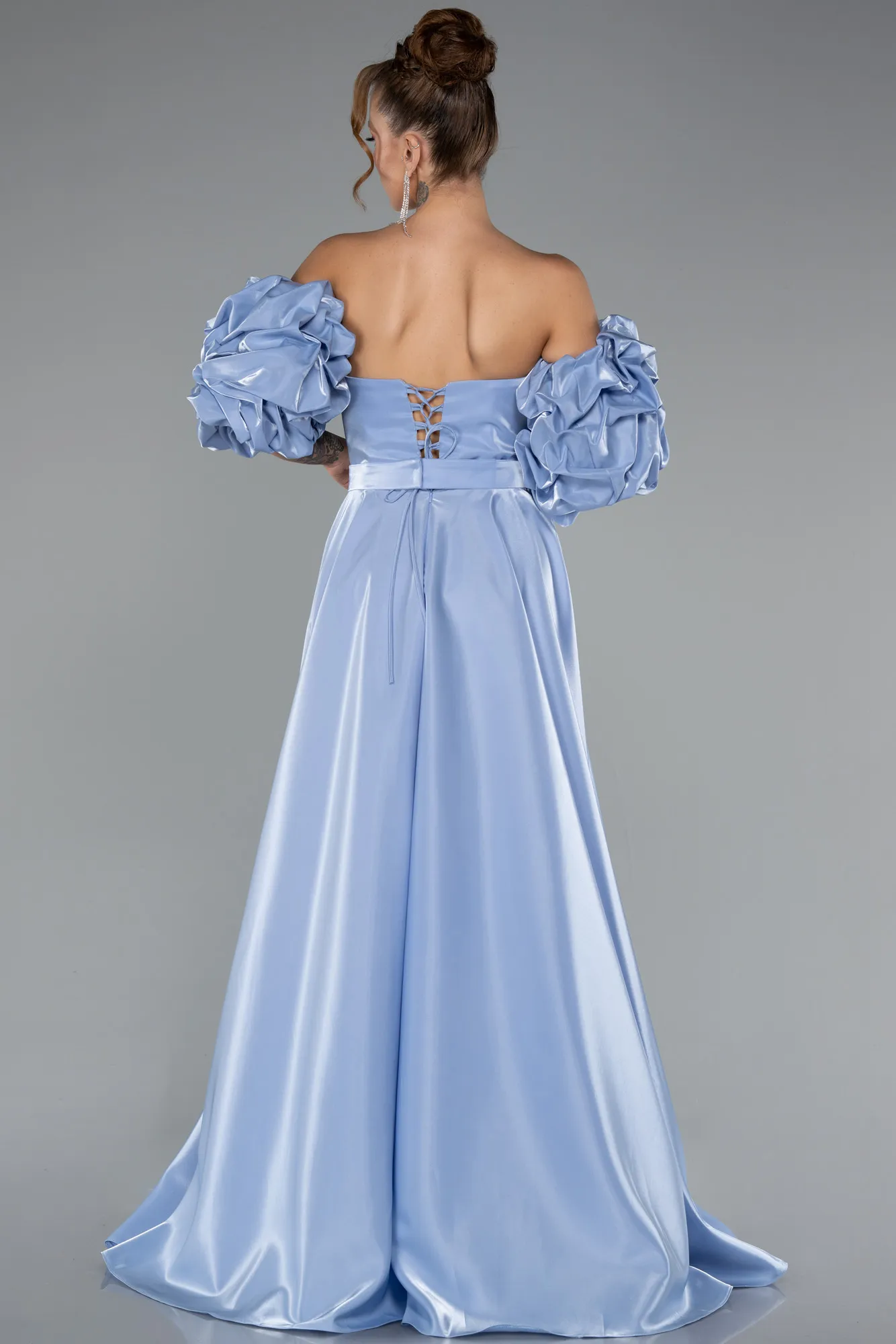 Indigo-Strapless Sleeve Accessorized Long Taffeta Prom Dress ABU4845