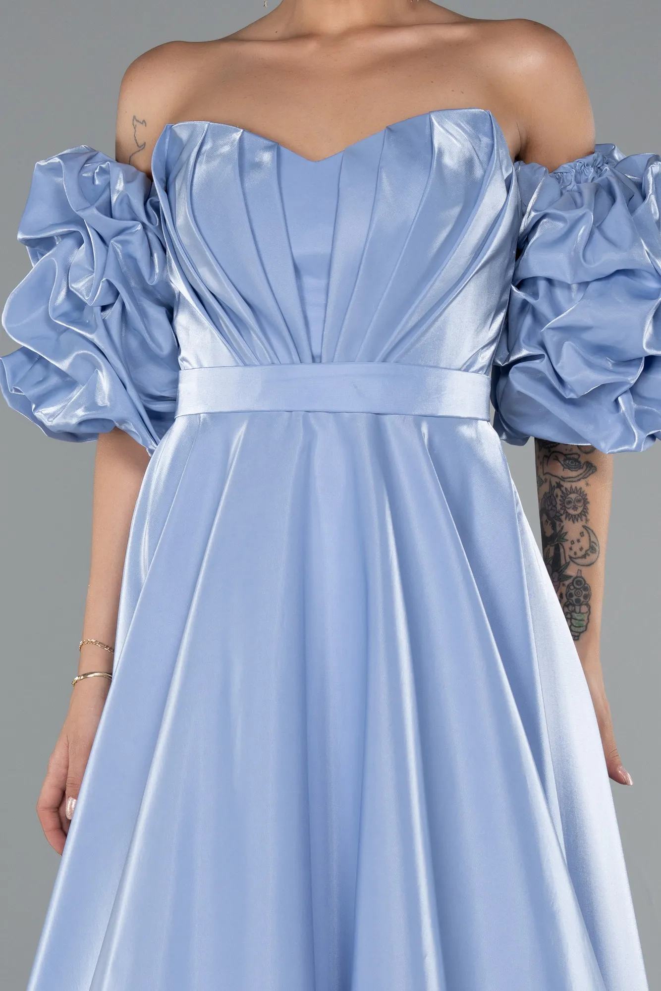 Indigo-Strapless Sleeve Accessorized Long Taffeta Prom Dress ABU4845