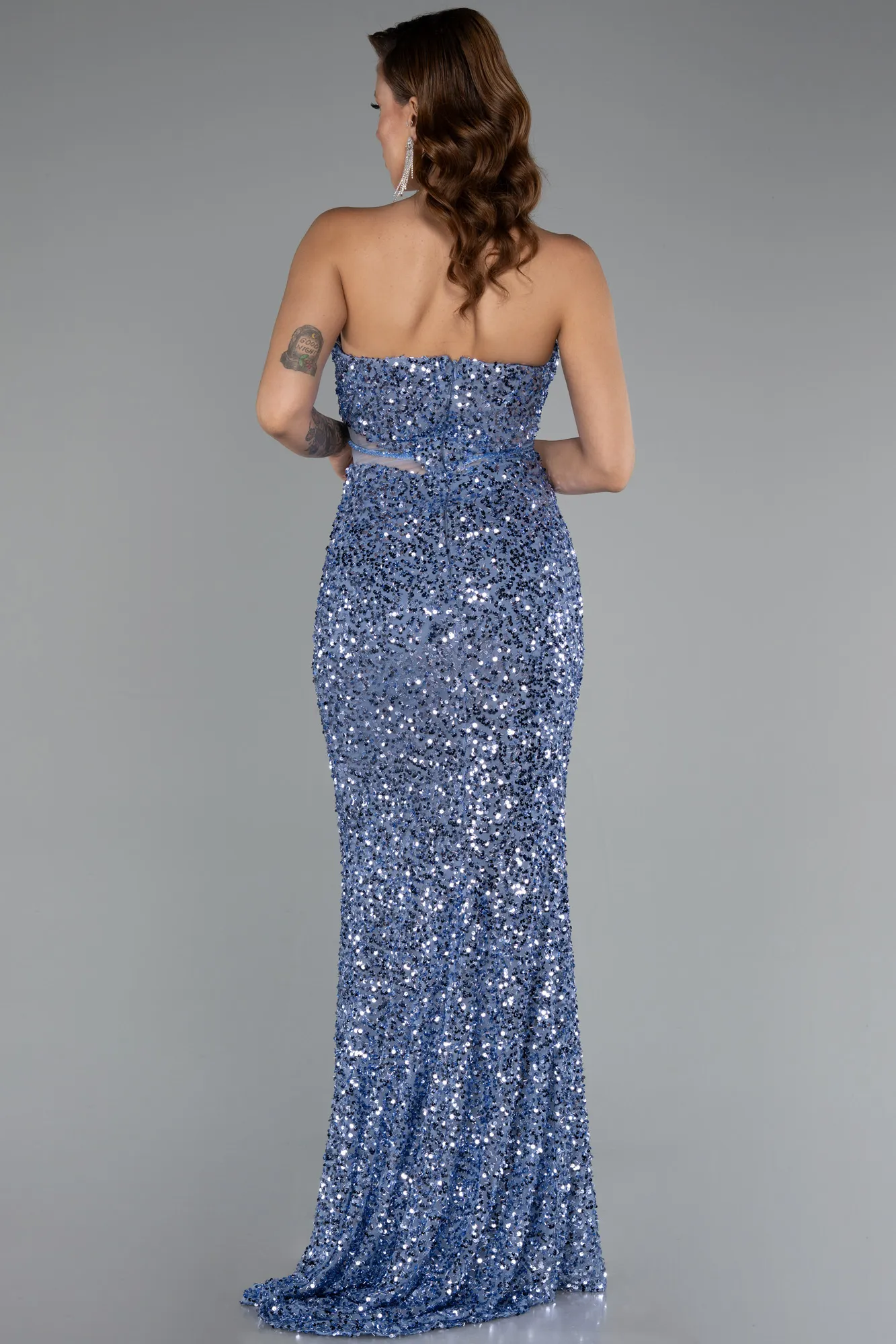 Indigo-Strapless Slit Long Sequined Special Design Evening Gown ABU4799