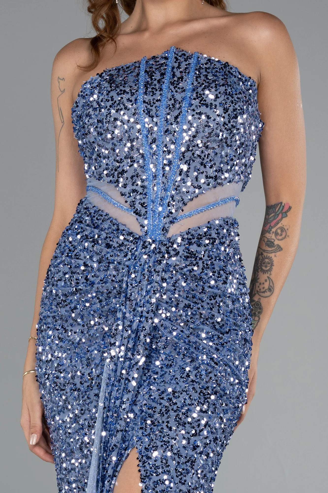 Indigo-Strapless Slit Long Sequined Special Design Evening Gown ABU4799