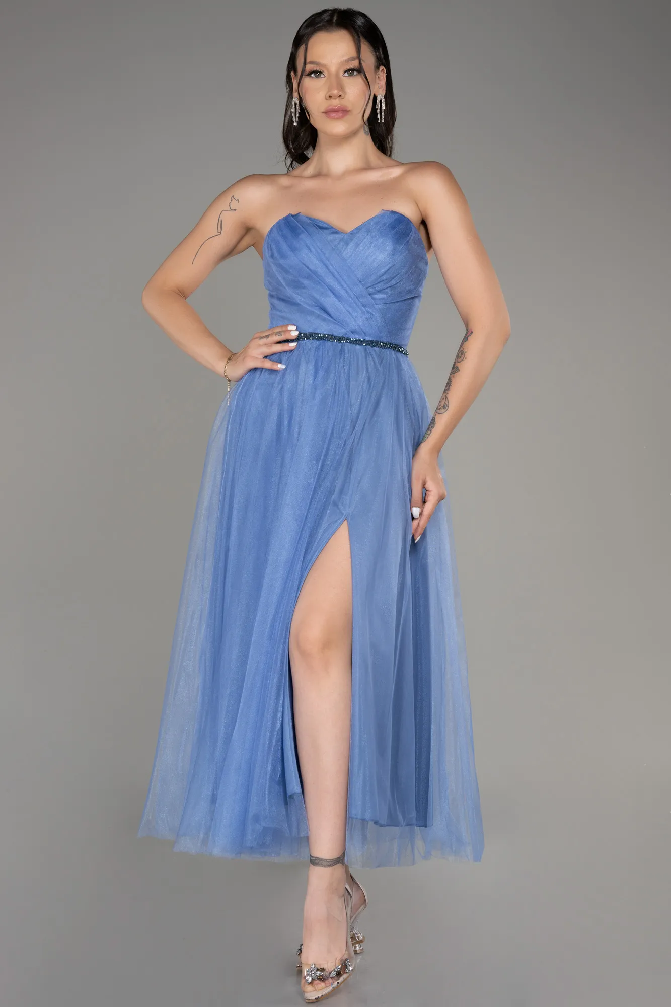 Indigo-Strapless Slit Midi Cocktail Dress ABK2099