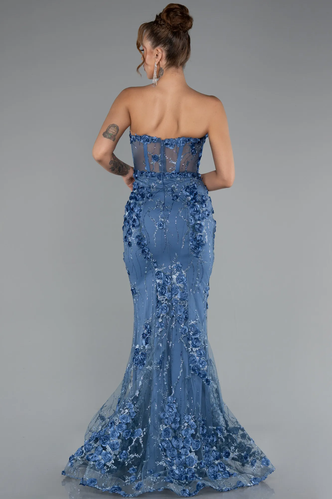 Indigo-Strapless Three Dimensional Floral Long Mermaid Evening Gown ABU5571