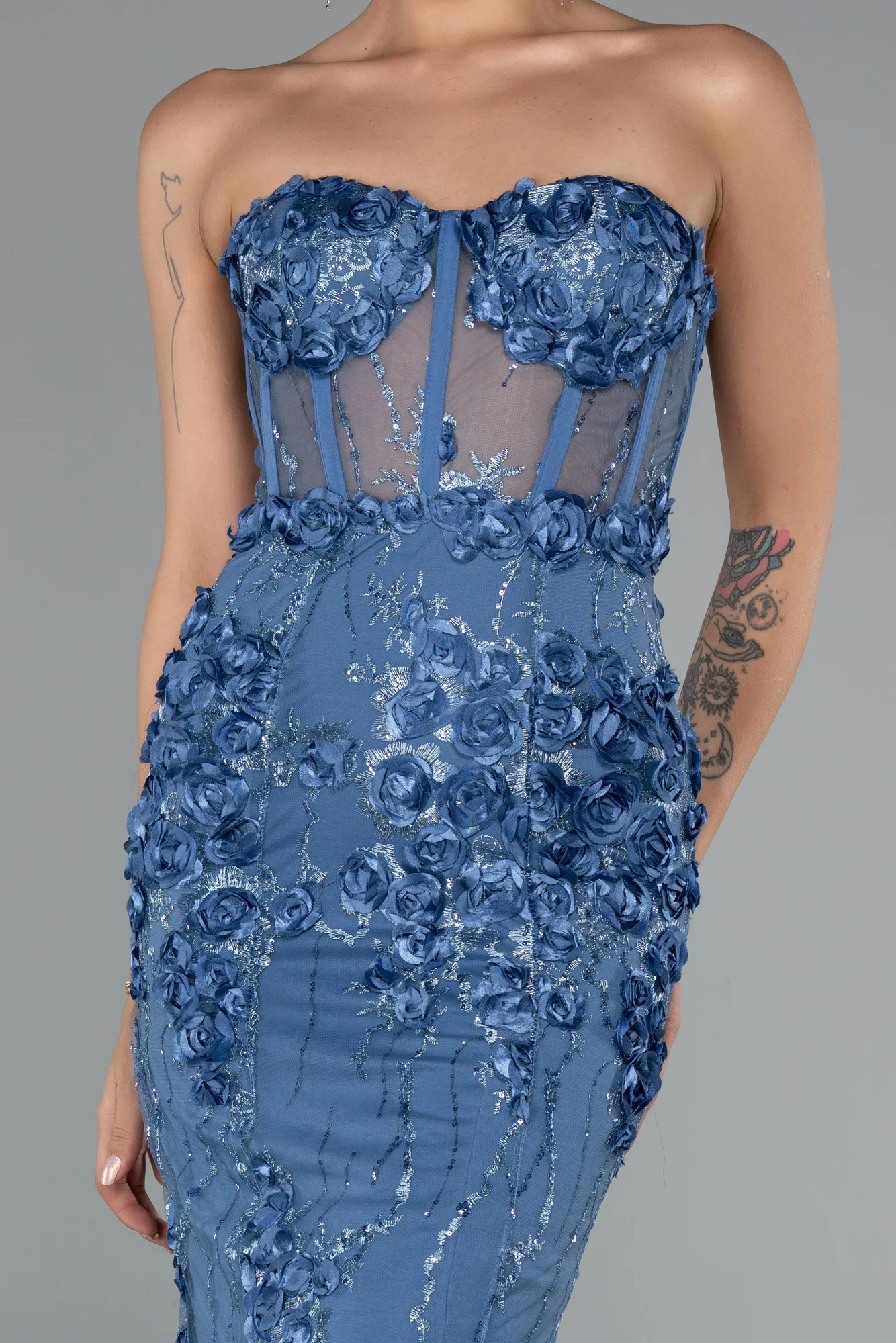 Indigo-Strapless Three Dimensional Floral Long Mermaid Evening Gown ABU5571