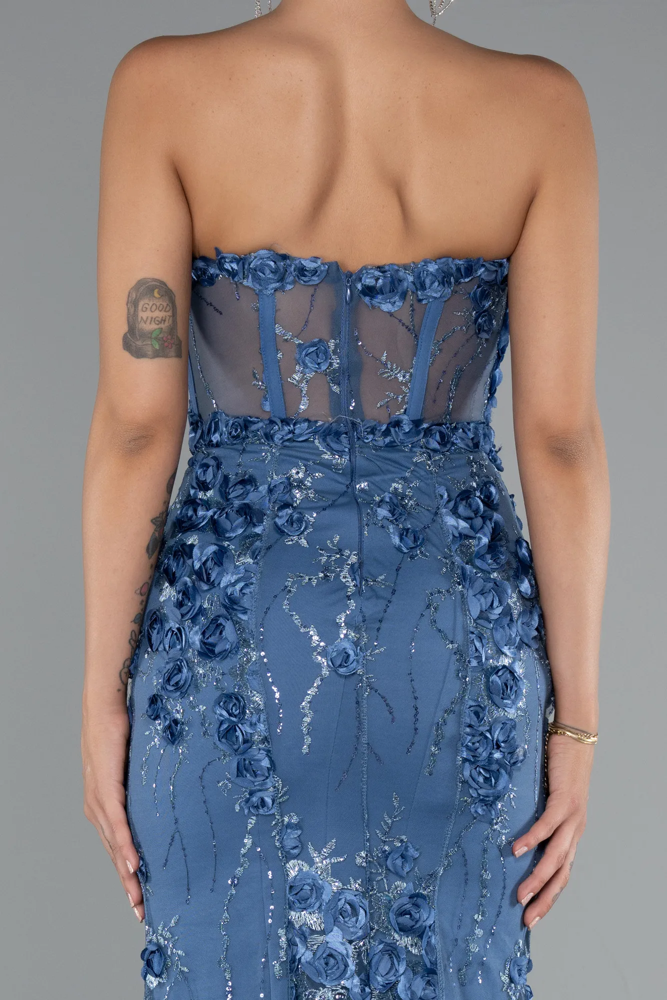 Indigo-Strapless Three Dimensional Floral Long Mermaid Evening Gown ABU5571