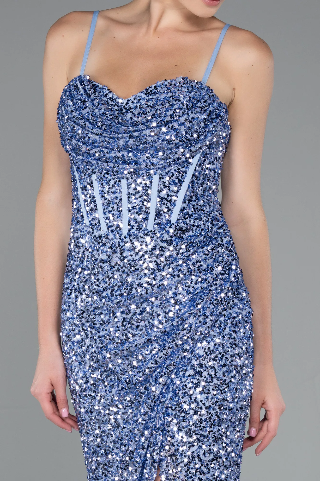 Indigo-Strapless Underwire Slit Long Sequin Evening Gown ABU4842