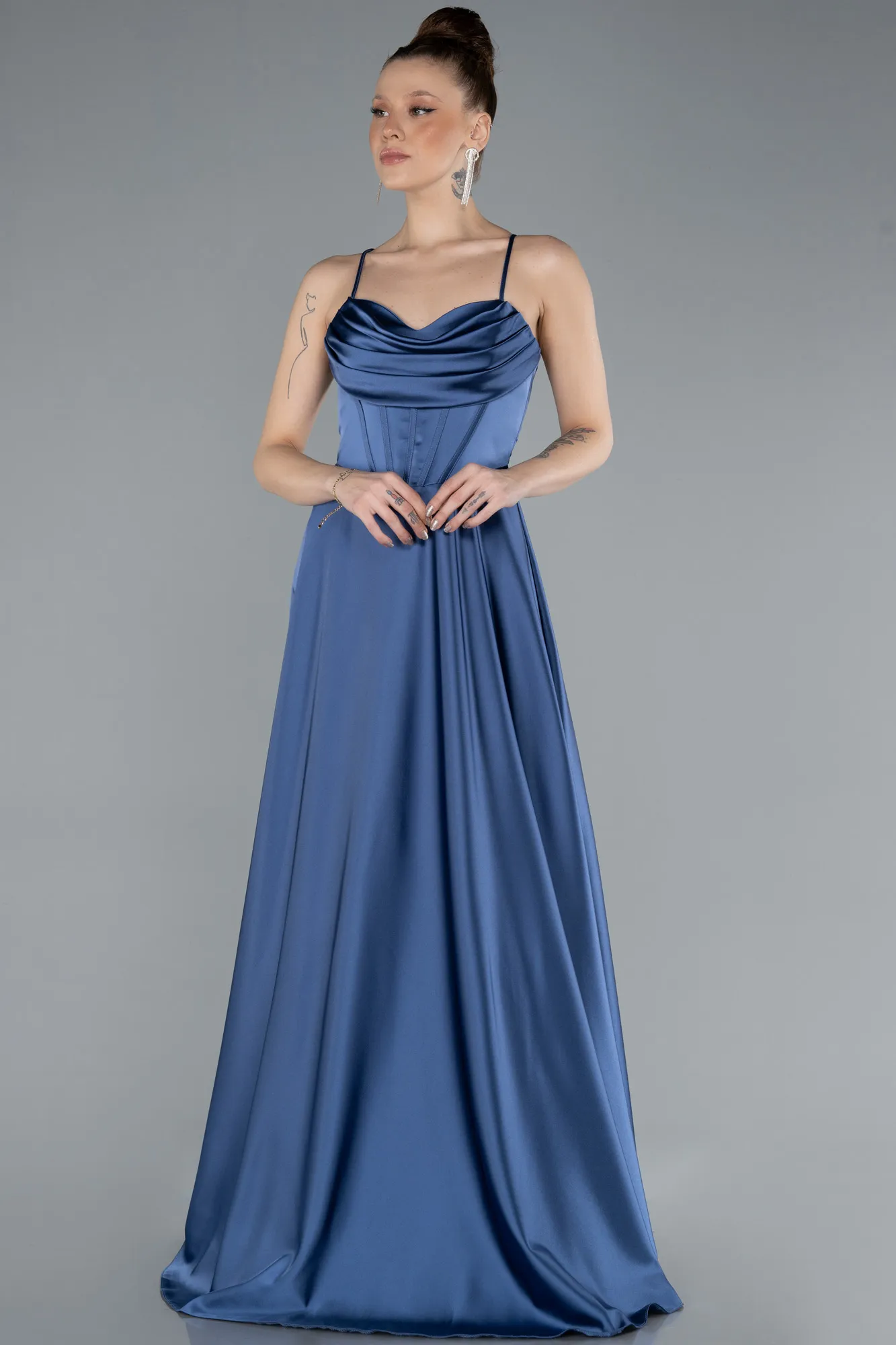 Indigo-Strappy Long Satin Prom Dress ABU4684
