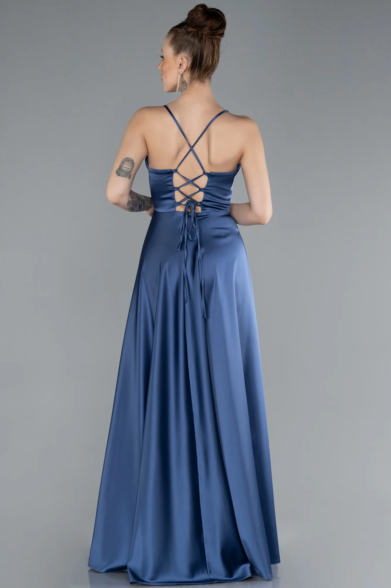 Indigo-Strappy Long Satin Prom Dress ABU4684