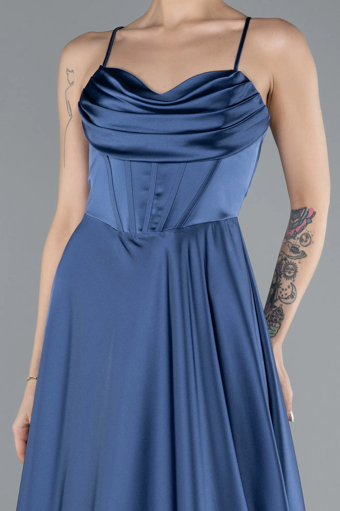 Indigo-Strappy Long Satin Prom Dress ABU4684